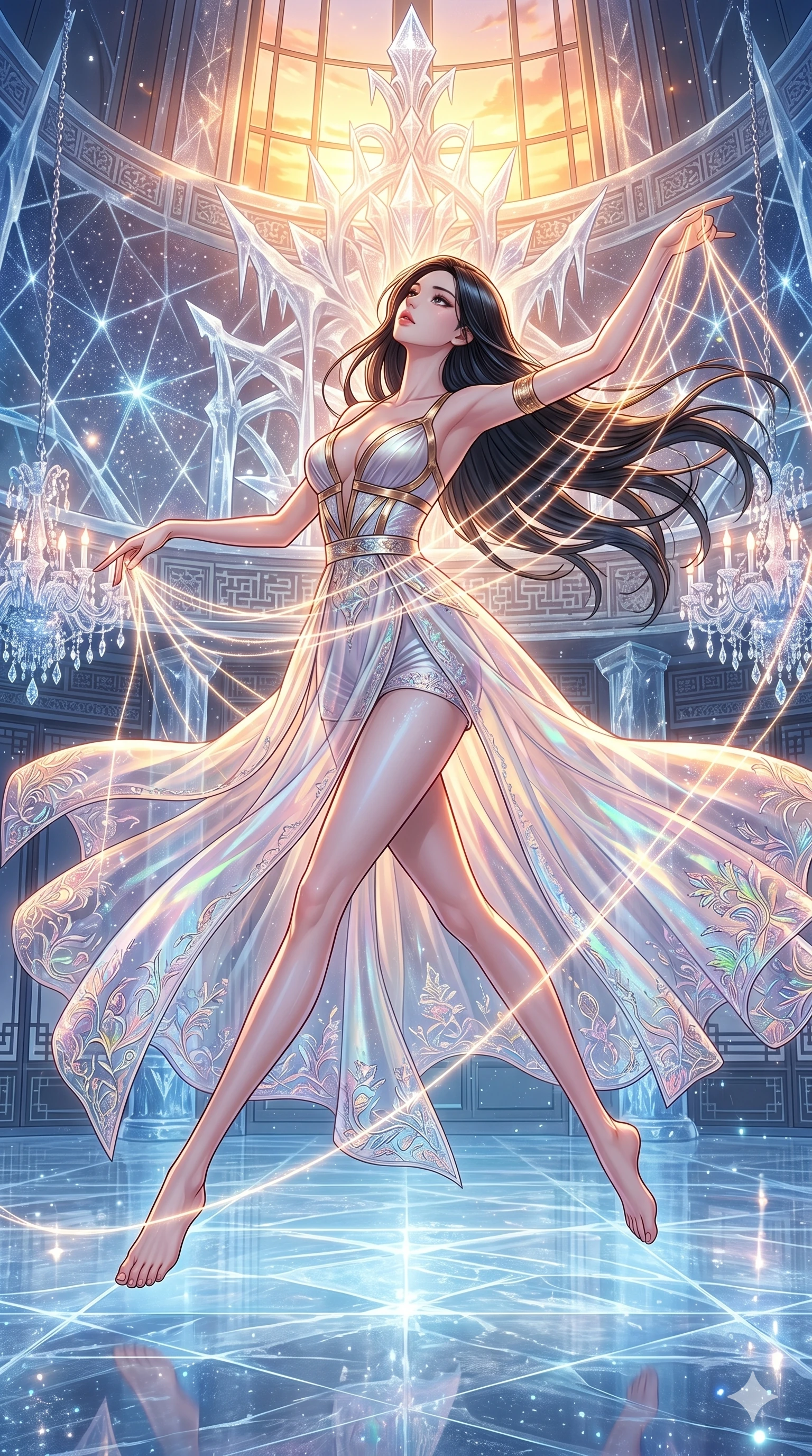 score_9, masterpiece, best quality, ultra-detailed, high-budget anime movie keyframe, cinematic anime lighting, intricate line art, Korean woman. Dynamic full-body shot stretching the vertical silhouette across the 9:16 frame. weaving threads of light in a frozen starlight ballroom during a golden sunset. She has an absolutely perfect 8-heads proportion, an exceptionally tall and slender female figure with an ultra-slim waist and impossibly long slender legs. sharp v-shaped jawline, high-bridge nose, intricate jewel-like eyes, thick eyelashes, glossy lips. Wearing modernized deep-plunging silk hanbok-fusion with metallic straps, a high-slit sheer skirt over micro-shorts, and holographic embroidered patterns. The scene is illuminated by dramatic atmospheric lighting and vibrant color palettes. , 2k, ultra detail, master piece, 9:16 ratio