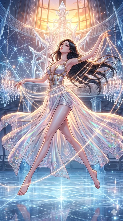 score_9, masterpiece, best quality, ultra-detailed, high-budget anime movie keyframe, cinematic anime lighting, intricate line art, Korean woman. Dynamic full-body shot stretching the vertical silhouette across the 9:16 frame. weaving threads of ligh