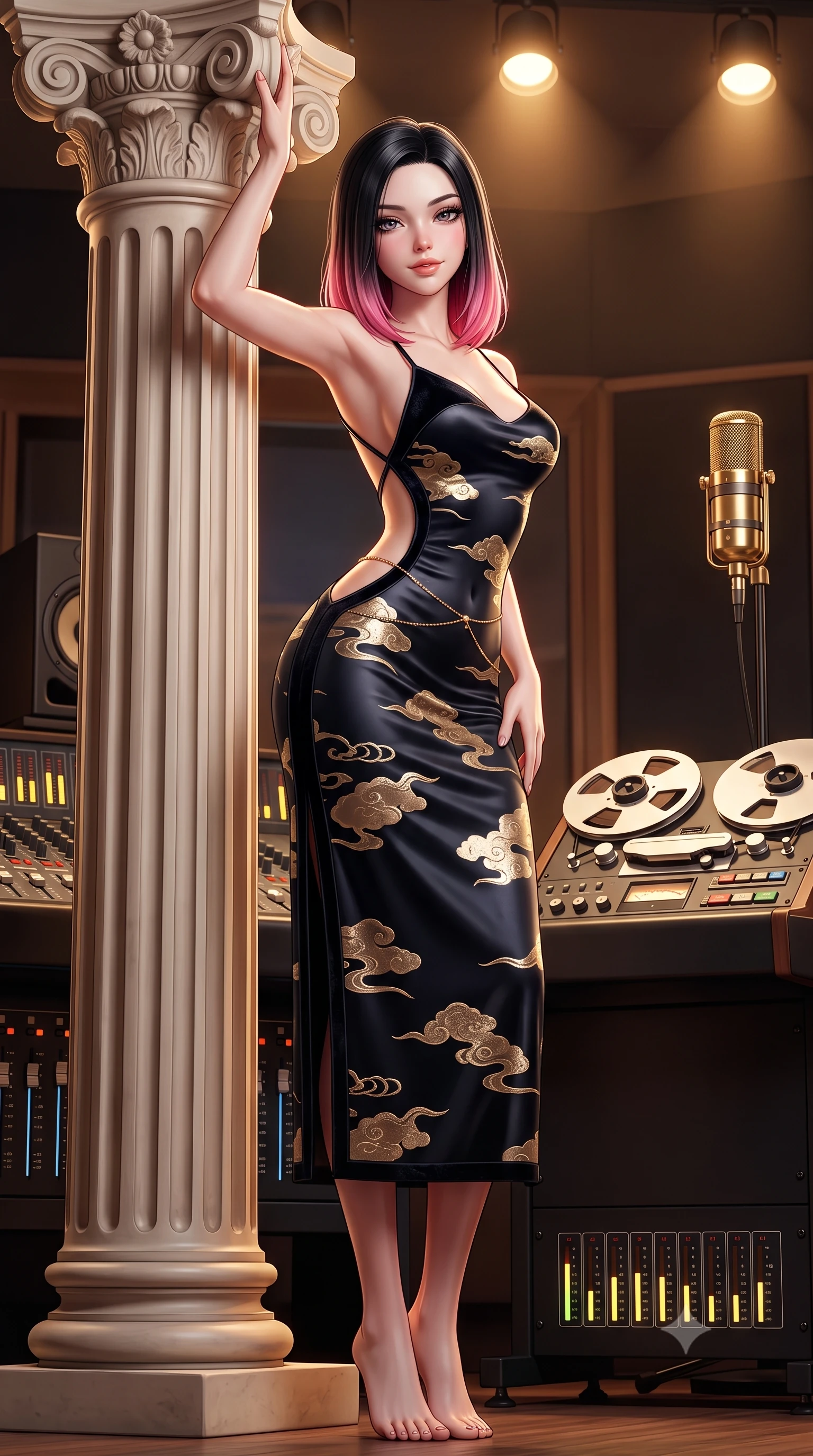 score_9, masterpiece, best quality, ultra-detailed, high-budget anime keyframe, semi-realistic 3D game render, editorial fashion photography, tasteful artistic composition, Korean woman. low angle full-body shot from head to toe showing her feet, filling the entire 9:16 vertical frame with her statuesque presence, stretching her vertical silhouette. standing tall beside the architectural column, one hand resting high while arching her lower back to emphasize her sculpted feminine hips and slender waist while twisting her slender torso in an alluring contrapposto stance, studio warm spot lamps tracing her form-fitting outfit and curvy hips. The surrounding environment is rendered in vivid detail and crisp panoramic clarity: sharp mixing desk fader scales, spinning reel-to-tape guide rollers, and polished brass microphone grill in deep focus. She has an absolutely perfect, statuesque 8.5-heads proportion, an exceptionally tall and slender model-like female figure with impossibly long slender legs, an ultra-slim waist, a flat toned midriff, narrow delicate ribcage, and beautifully sculpted feminine hips creating a graceful, slim hourglass silhouette without any bulky heaviness. sharp v-shaped jawline, high-bridge nose, sparkling eyes with hypnotic seductive depth, thick curled eyelashes, glossy parted lips with a natural dewy peach sheen, alluring bedroom-eyes with an enchanting coquettish smile, exuding magnetic siren charisma and sophisticated glamour, flawlessly proportioned anatomical accuracy, strict slender model proportions, natural body alignment, perfectly sculpted long slender limbs, ultra-slim waistline, clean dynamic posture without body distortion. wearing a backless embroidered silk satin slip dress with traditional cloud motifs contouring her narrow waist and curvy hips in midnight obsidian black and shimmering liquid champagne gold, tailored from ultra-plush velvet with rich tactile depth and deep shadow gradients, finished with a dainty gold belly chain resting across her flat midriff and curving hips, the precision-cut side openings and low-back scoop framing her graceful spine and the sensual sweep of her slim, toned hips. bathed in warm 3000K overhead spotlighting and glowing console indicator lamps. highly saturated vibrant anime colors, detailed shading with soft gradients, rich glossy textures, high-contrast stereoscopic depth, volumetric dynamic lighting, master piece, 9:16 ratio