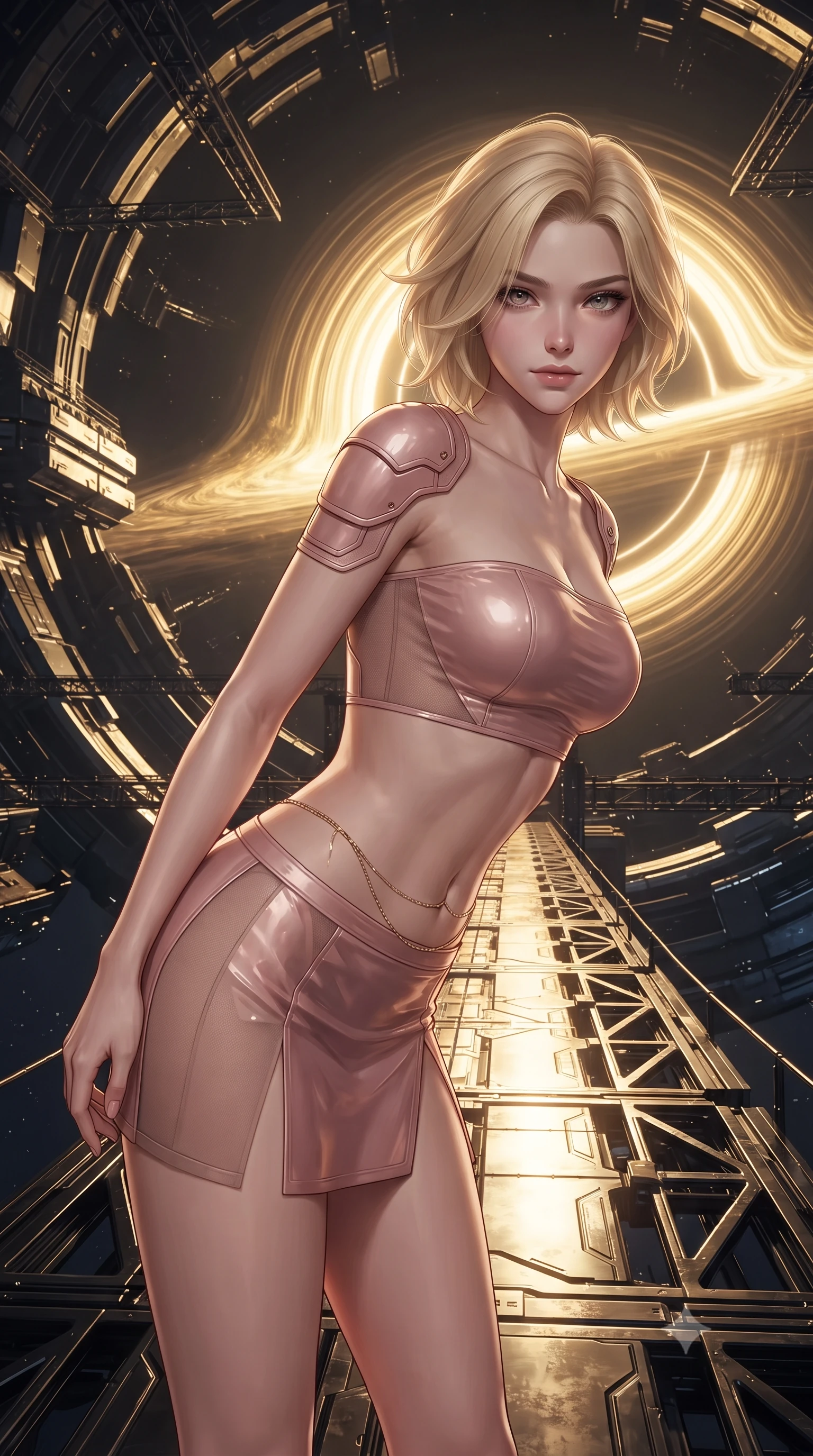 score_9, masterpiece, best quality, ultra-detailed, high-budget anime keyframe, editorial fashion photography, tasteful artistic composition, Caucasian woman. close-up cowboy shot from the waist and thighs up, the character dominates the composition, filling the frame with her large presence. leaning forward while arching her lower back to accentuate her curvy hips, looking into the camera with an intoxicating smoldering gaze and bedroom-eyes while standing poised on the magnetic suspension bridge inside the hollow asteroid, arching her back with siren allure as a captured micro-black hole pulses with golden synchrotron radiation rings. The surrounding environment is rendered in vivid detail and crisp panoramic clarity: detailed haute-couture texture, wet-look liquid fabric drape, and colossal deep-space physics architecture in razor-sharp precision. She has an exceptionally elegant, slender, and willowy female figure with an ultra-slim waist, flat toned midriff, narrow ribcage, and sculpted feminine hips creating an alluring, slim hourglass silhouette without bulk. sharp v-shaped jawline, high-bridge nose, intricate jewel-like sparkling eyes with depth, thick eyelashes, glossy parted lips with a natural peach sheen, bright cheerful beaming smile with an enchanting and coquettish sensual glint, exuding both youthful cute charm and seductive allure, flawlessly proportioned anatomical accuracy, strict slender model proportions, natural body alignment, perfectly sculpted long slender limbs, ultra-slim waistline, clean dynamic posture without body distortion. wearing an ultra-cropped tactical tech-wear bandeau top with molded shoulder armor paired with a micro mini skirt revealing her flat toned midriff in Solaris liquid rose-quartz and alien peach, featuring strategic sheer-illusion tulle side panels framing her ribcage and hips, accented with a dainty gold belly chain resting across her flat midriff and curving hips, the high-slit wrap tailoring accentuating her ultra-slim waistline and the enchanting curve of her feminine hips with alluring seductive charm. bathed in the blinding golden synchrotron radiation of the singularity contrasted with deep obsidian shadow gradients. ultra-reflective glossy finish, specular highlights, rich textural contrasts, high-contrast stereoscopic depth, volumetric dynamic lighting, 2k, ultra detail, master piece, 9:16 ratio