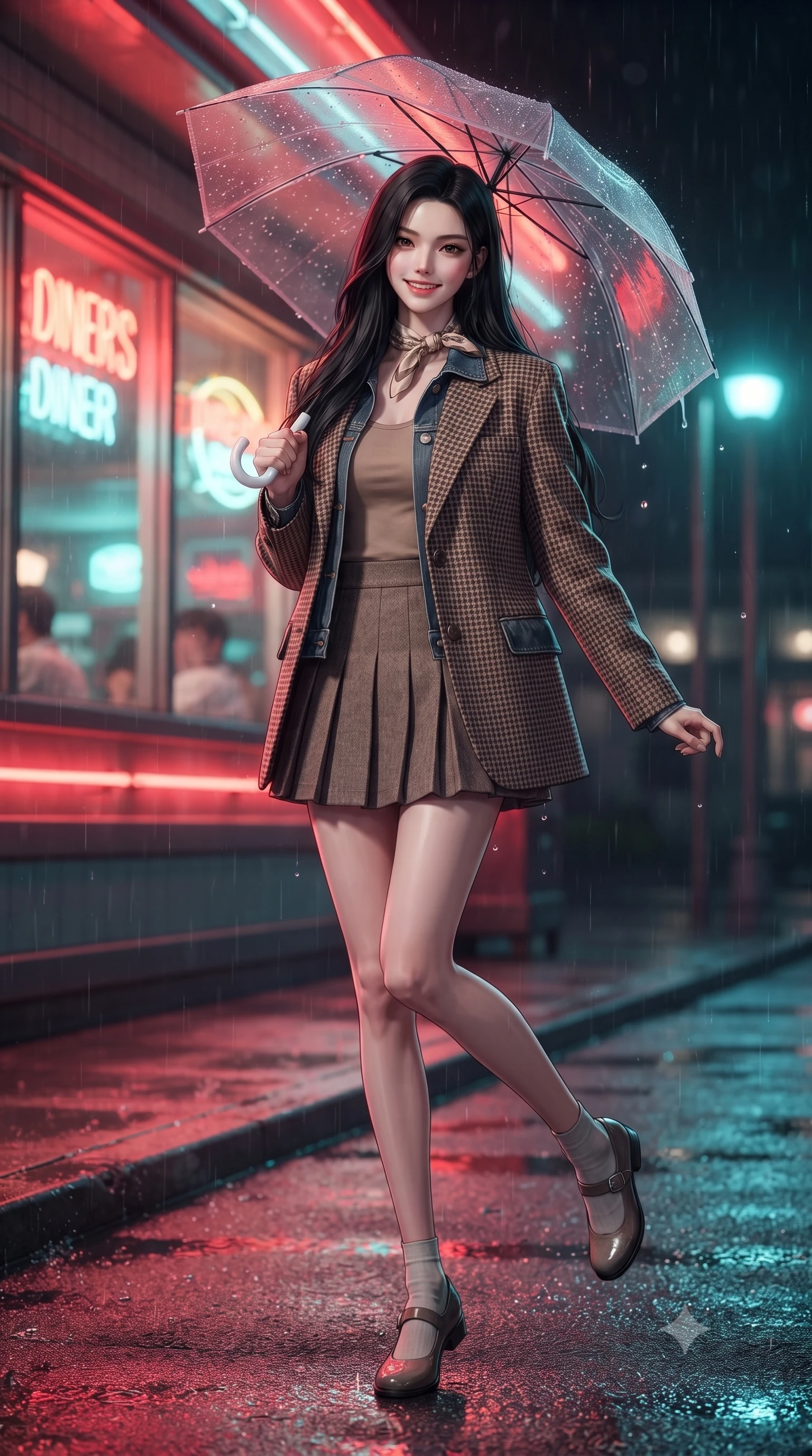 score_9, masterpiece, best quality, ultra-detailed, high-budget anime keyframe, editorial fashion photography, tasteful artistic composition, Korean woman. low angle full-body shot from head to toe showing her feet, filling the entire 9:16 vertical frame with her statuesque presence, stretching her vertical silhouette. landing lightly on the balls of her feet in a balanced kinetic stance, eyes locked onto the camera with fearless allure while pivoting playfully outside a retro diner's glowing neon window, smiling with infectious nostalgic girlhood charm. The composition keeps background elements in soft focus with creamy bokeh. splattering raindrops on umbrella plastic and neon glare scattering soft nostalgic light motes. She has an absolutely perfect, statuesque 8.5-heads proportion, an exceptionally tall and slender model-like female figure with impossibly long slender legs, a toned flat midriff, and an ultra-slim waist. sharp v-shaped jawline, high-bridge nose, intricate jewel-like eyes with depth, thick eyelashes, glossy lips with a natural sheen, captivating and magnetic expression, flawlessly proportioned anatomical accuracy, strict slender model proportions, natural body alignment, perfectly sculpted long slender limbs, ultra-slim waistline, clean dynamic posture without body distortion. wearing a tailored 90s houndstooth oversized blazer over a simple scoop-neck top and a high-waisted pleated wool mini-skirt in vintage camel brown and washed indigo denim, crafted from ultra-soft brushed fleece and vintage-washed jersey, complemented by a delicate silk scarf tied playfully around her neck, the breezy yet form-flattering drape swaying gracefully with her steps, accentuating her long willowy limbs and slim waistline. bathed in rich neon red and cyan streetlamp glow bouncing off wet asphalt surfaces. ultra-reflective glossy finish, specular highlights, rich textural contrasts, high-contrast stereoscopic depth, volumetric dynamic lighting, 2k, ultra detail, master piece, 9:16 ratio