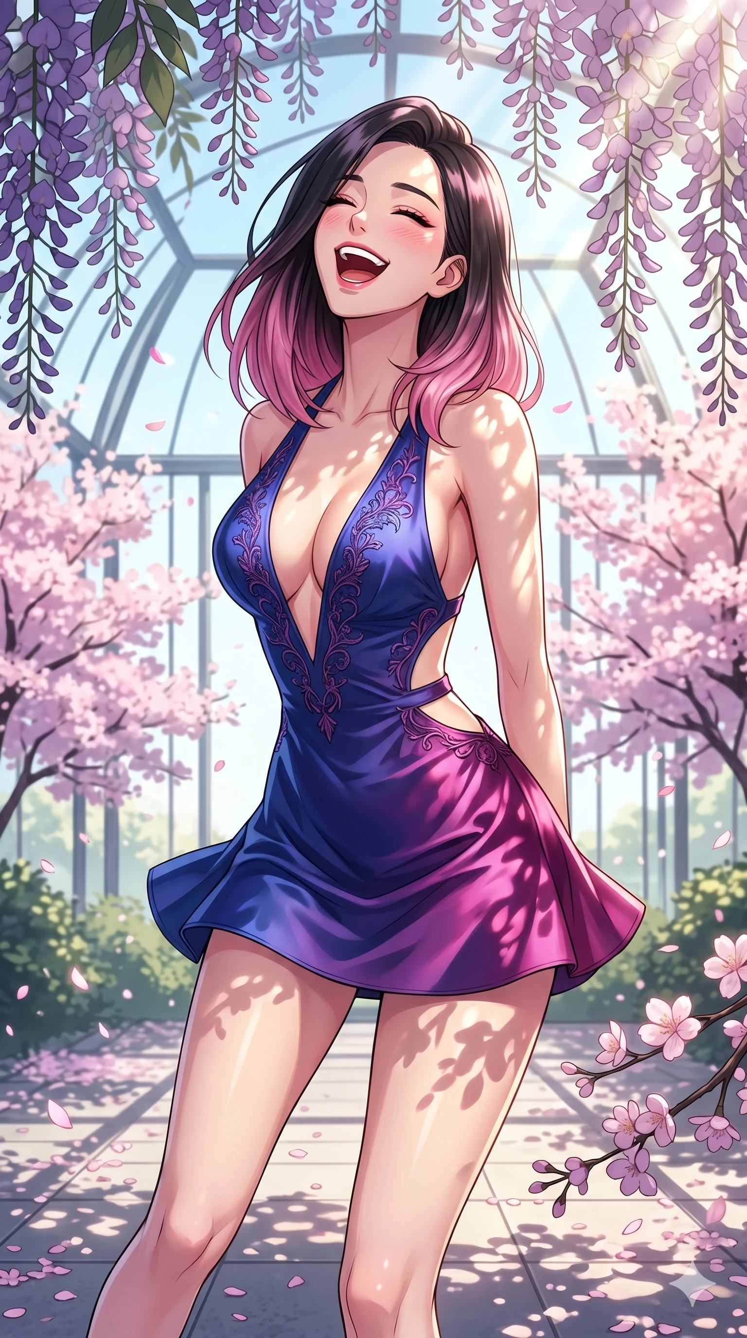 score_9, masterpiece, best quality, ultra-detailed, high-budget anime keyframe, vibrant anime aesthetic, Korean woman. cowboy shot from the thighs up, character and outfit filling the frame for maximum presence. She is tossing her head back with a joyful laugh, her lips curved into a warm smile inside a glass atrium filled with cherry trees (Code-P20-085). She has an absolutely perfect 8-heads proportion, an exceptionally tall and slender female figure with impossibly long slender legs and an ultra-slim waist. V-shaped jawline, high-bridge nose, intricate jewel-like eyes with depth, thick eyelashes, glossy lips with a natural sheen. wearing a plunging neckline mini dress with side cutouts in satin. She is bathed in dappled sunlight filtering through wisteria leaves, creating organic shadows. 2k, ultra detail, master piece, 9:16 ratio