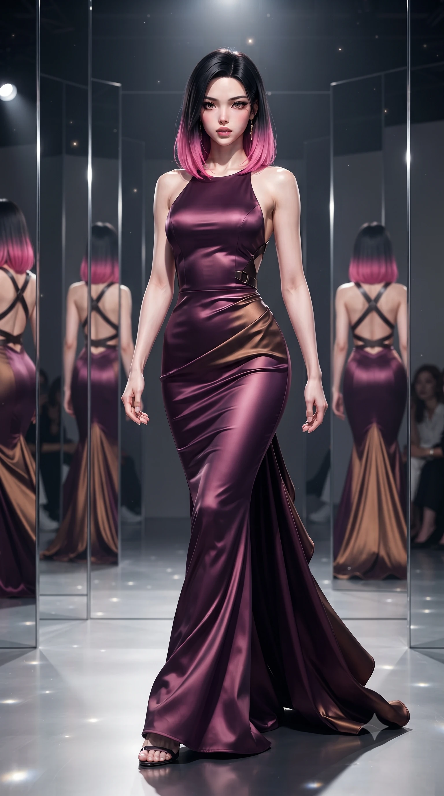 score_9, masterpiece, best quality, ultra-detailed, high-budget anime keyframe, editorial fashion photography, tasteful artistic composition, Korean woman. low angle full-body shot from head to toe showing her feet, filling the entire 9:16 vertical frame with her statuesque presence, stretching her vertical silhouette. striding forward in a proud supermodel runway stride, hips swaying in an alluring kinetic rhythm that accentuates her curvy hourglass silhouette while standing poised between mirror-finished stainless steel columns, her graceful hourglass silhouette multiplied into infinite reflections. The composition keeps background elements in soft focus with creamy bokeh. gallery pin-spotlight beams and reflective floor highlights scattering sleek directional light motes. She has an exceptionally tall and slender model-like 8.5-heads proportion, an ultra-slim waist, a flat toned midriff, narrow delicate ribcage, and beautifully sculpted feminine hips creating a graceful, slim hourglass silhouette without any bulky heaviness, with impossibly long slender legs. sharp v-shaped jawline, high-bridge nose, intricate jewel-like eyes with depth, thick eyelashes, glossy parted lips with a natural sheen, intensely captivating and seductive bedroom-eyes expression, flawlessly proportioned anatomical accuracy, strict slender model proportions, natural body alignment, perfectly sculpted long slender limbs, ultra-slim waistline, clean dynamic posture without body distortion. wearing an open-back duchess satin gala gown with a dramatic hip-hugging drape and cascading trailing hem in deep plum violet and antique bronze, tailored from ultra-smooth duchess satin with a pearlescent sheen, featuring an open-back criss-cross harness strap in dark leather, the form-contouring material adhering flawlessly to her sculpted flat midriff and slender torso, emphasizing her long leg lines and perfectly proportioned willowy build. illuminated by sharp linear edge highlights defining her sculpted collarbones, ultra-slim waist, and curvy hips. ultra-reflective glossy finish, specular highlights, rich textural contrasts, high-contrast stereoscopic depth, volumetric dynamic lighting, 2k, ultra detail, master piece, 9:16 ratio