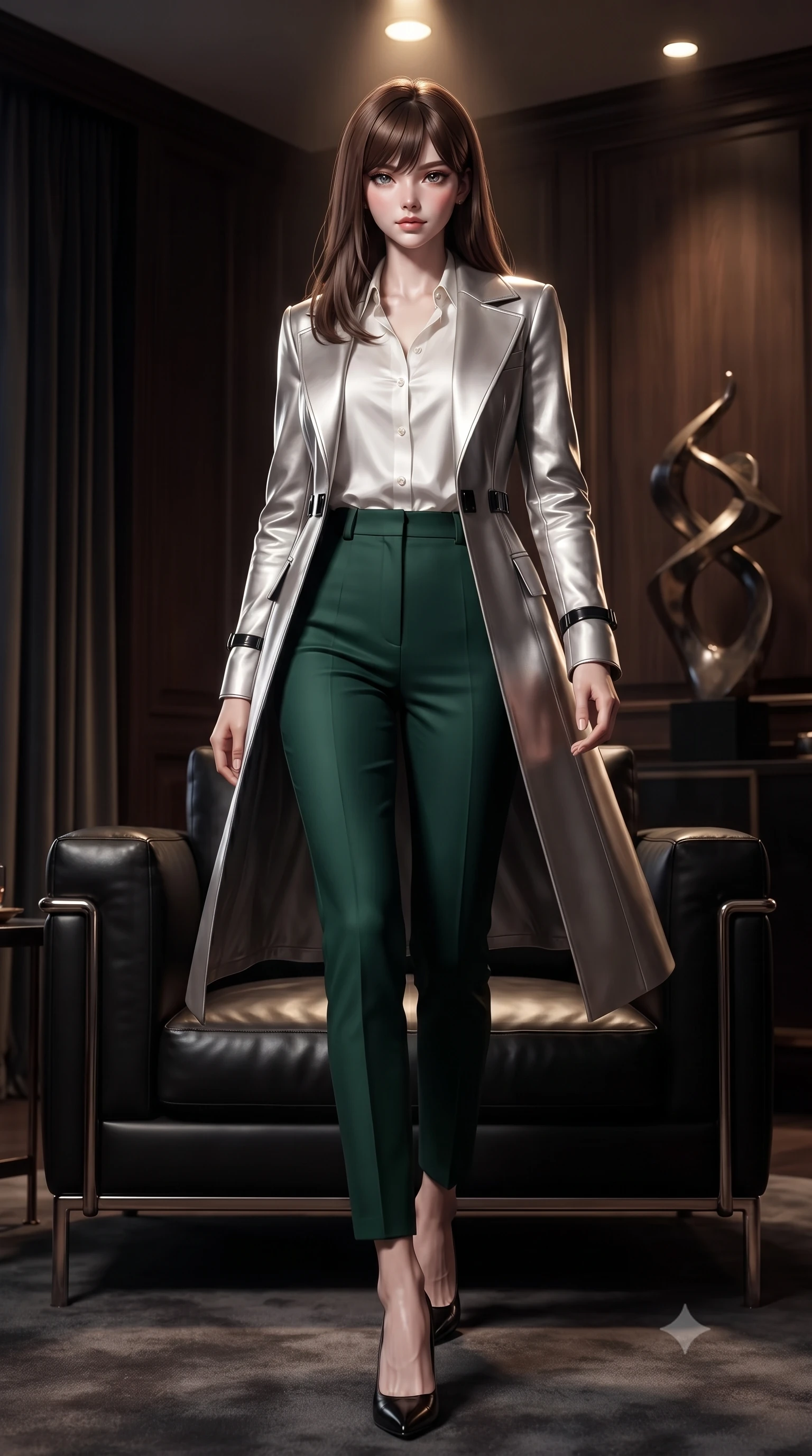 score_9, masterpiece, best quality, ultra-detailed, high-budget anime keyframe, editorial fashion photography, tasteful artistic composition, Korean woman. low angle full-body shot from head to toe showing her feet, filling the entire 9:16 vertical frame with her statuesque presence, stretching her vertical silhouette. navigating the private sanctuary with an effortless, graceful stride, lounging in a deep black leather armchair in an exclusive private suite, single warm key spotlight tracing every curve of her ultra-slim waist. She has an absolutely perfect, statuesque 8.5-heads proportion, an exceptionally tall and slender model-like female figure with impossibly long slender legs and an ultra-slim waist. sharp v-shaped jawline, high-bridge nose, intricate jewel-like eyes with depth, thick eyelashes, glossy lips with a natural sheen. wearing structured platinum leather long coat over white silk blouse and tailored slacks in deep emerald green, made of sculpted obsidian metallic chrome, adorned with minimalist black onyx hardware framing the silhouette, the fitted fabric emphasizing her ultra-slim waist. bathed in dramatic chiaroscuro with a single sharp key ray from above. ultra-reflective glossy finish, specular highlights, metallic sheen, high-contrast stereoscopic depth, volumetric dynamic lighting, 2k, ultra detail, master piece, 9:16 ratio