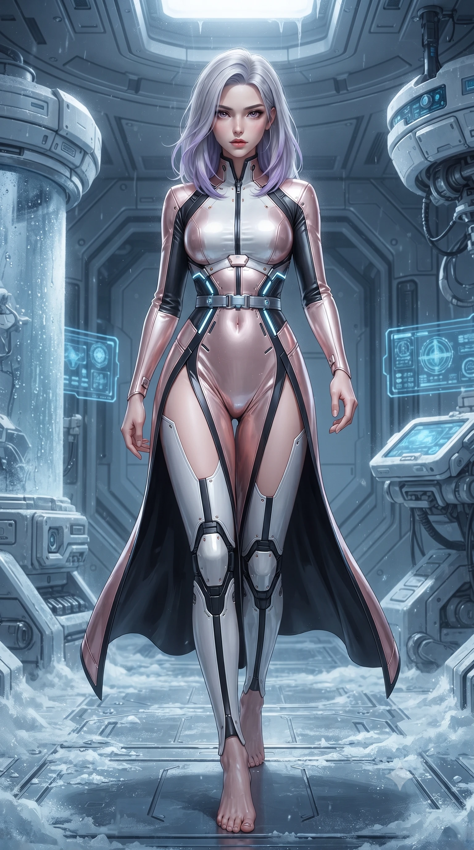 score_9, masterpiece, best quality, ultra-detailed, high-budget anime keyframe, editorial fashion photography, tasteful artistic composition, Caucasian woman. low angle full-body shot from head to toe showing her feet, filling the entire 9:16 vertical frame with her statuesque presence, stretching her vertical silhouette. striding forward with sovereign warrior elegance in a low, predatory combat advance, hips swaying with fierce athletic poise from head to toe while stepping across the frosted chamber with silent, lethal predator grace that commands absolute stillness. The surrounding environment is rendered in vivid detail and crisp panoramic clarity. detailed stasis pod control interfaces, condensation beads, and carbon suit thermal seams in high resolution. She has an absolutely perfect, statuesque 8.5-heads proportion, an exceptionally tall and slender model-like female figure with impossibly long slender legs, a toned flat midriff, and an ultra-slim waist. sharp v-shaped jawline, high-bridge nose, intricate jewel-like eyes with depth, thick eyelashes, glossy lips with a natural sheen, flawlessly proportioned anatomical accuracy, strict slender model proportions, natural body alignment, perfectly sculpted long slender limbs, ultra-slim waistline, clean dynamic posture without body distortion. wearing a form-fitting luminous rose-gold carbon combat gown with tactical high leg slits and flexible kinetic knee articulation in monochrome white enamel carbon with high-contrast black panels, made of liquid carbon-jersey fabric adhering flawlessly to her sculpted silhouette, reinforced by a sleek titanium kinetic harness and glowing micro-energy straps, the form-contouring material adhering flawlessly to her sculpted flat midriff and slender torso, emphasizing her long leg lines and perfectly proportioned willowy build. surrounded by a cool, lethal, and breathtakingly alluring frost-martial-goddess aura. ultra-reflective glossy finish, specular highlights, dark metallic sheen, high-contrast stereoscopic depth, volumetric dynamic lighting, 2k, ultra detail, master piece, 9:16 ratio