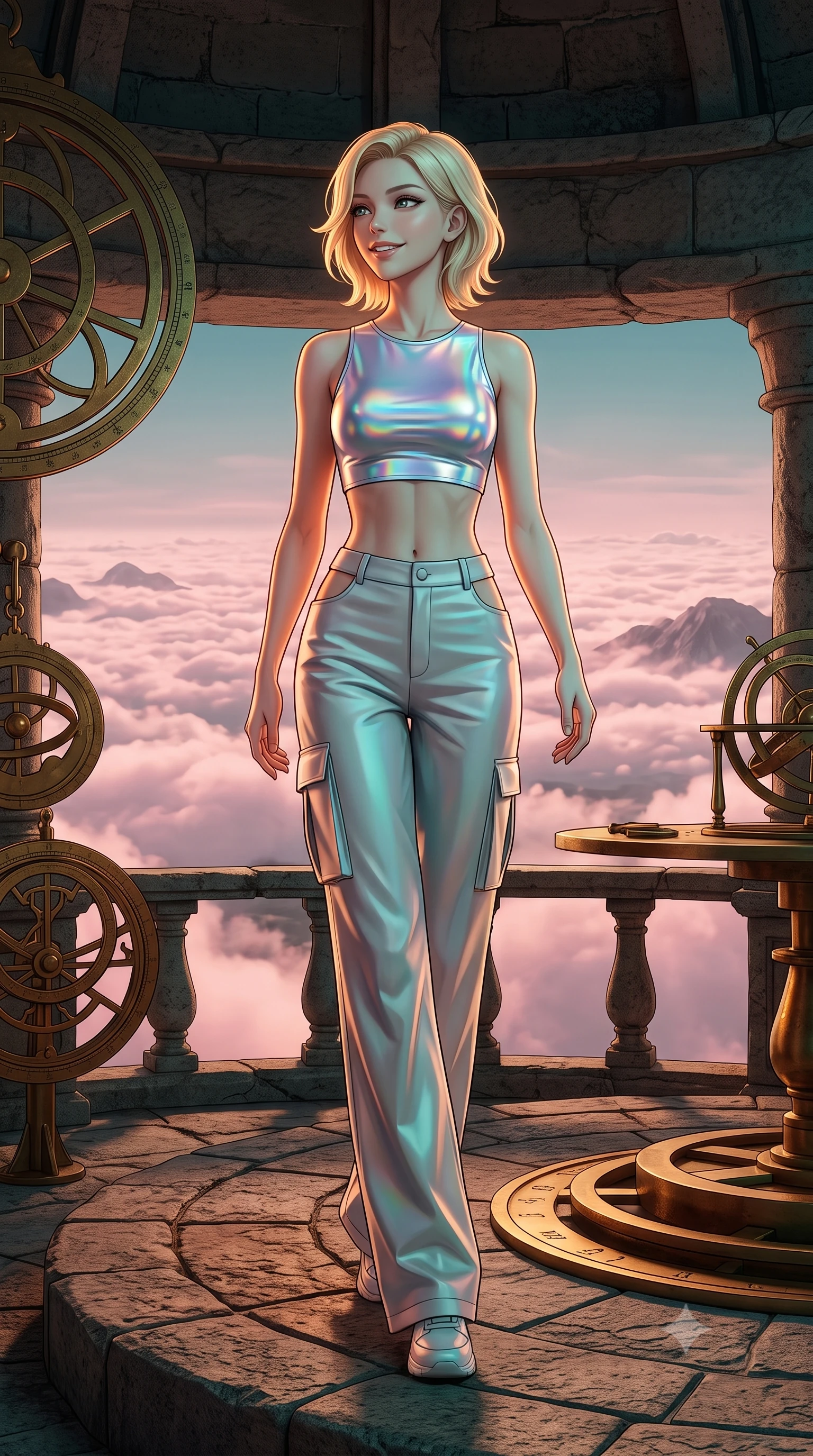 score_9, masterpiece, best quality, ultra-detailed, high-budget anime keyframe, editorial fashion photography, tasteful artistic composition, Caucasian woman, strictly human ears. low angle full-body shot from head to toe showing her feet, filling the entire 9:16 vertical frame with her statuesque presence, stretching her vertical silhouette. stepping elegantly with a warm, welcoming smile through standing on the balcony of an ancient stone observatory with rotating brass astrolabes, looking out over a sea of pink-tinted clouds. She has a statuesque 8.5-heads proportion, an exceptionally tall, slender and willowy model-like build with impossibly long legs and a highly sculpted ultra-slim waist. sharp v-shaped jawline, high-bridge nose, intricate jewel-like eyes with depth, thick eyelashes, glossy lips with a natural sheen. wearing a holographic silver crop top paired with high-waisted cargo pants featuring subtle side hip cutouts. warm amber rim lighting combined with cool teal fill light creating dramatic contrast. 2k, ultra detail, master piece, 9:16 ratio