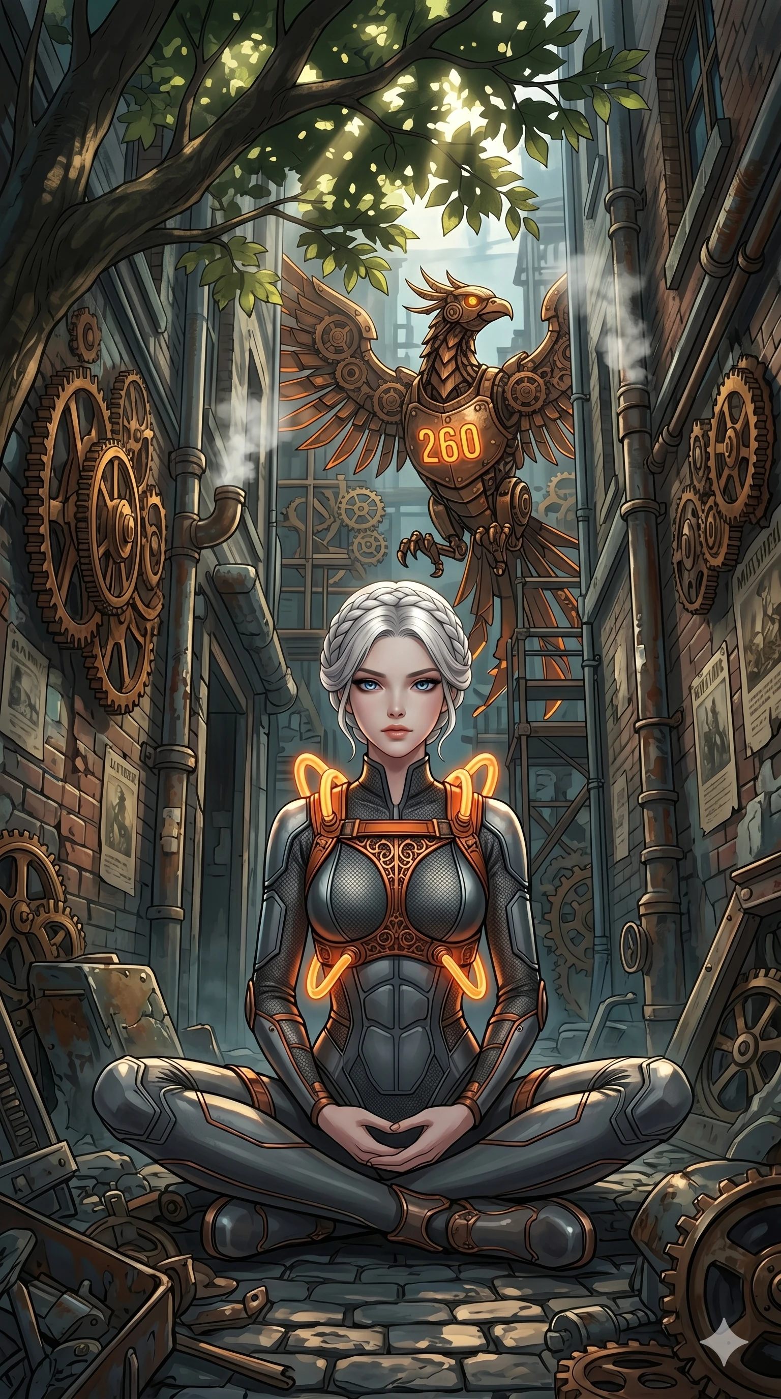 score_9, masterpiece, best quality, ultra-detailed, Set A: High-budget Anime Keyframe, Korean woman. Low angle cowboy shot filling the entire 9:16 frame with her statuesque presence. Theme: Urban Decay. meditating in a steampunk London alleyway, while a mechanical phoenix rises in the background marked 260. The atmosphere is filled with cinematic sunlight through leaves. She has an absolutely perfect 8-heads proportion, an exceptionally tall and slender female figure with impossibly long slender legs and an ultra-slim waist. Sharp v-shaped jawline, high-bridge nose, intricate jewel-like eyes with depth, glossy lips. Wearing Industrial worker-chic with a glowing orange harness over a mesh bodysuit. Cinematic lighting, vivid colors, dramatic shadows, 2k, ultra detail, master piece, 9:16 ratio