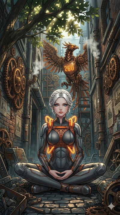 score_9, masterpiece, best quality, ultra-detailed, Set A: High-budget Anime Keyframe, Korean woman. Low angle cowboy shot filling the entire 9:16 frame with her statuesque presence. Theme: Urban Decay. meditating in a steampunk London alleyway, whil