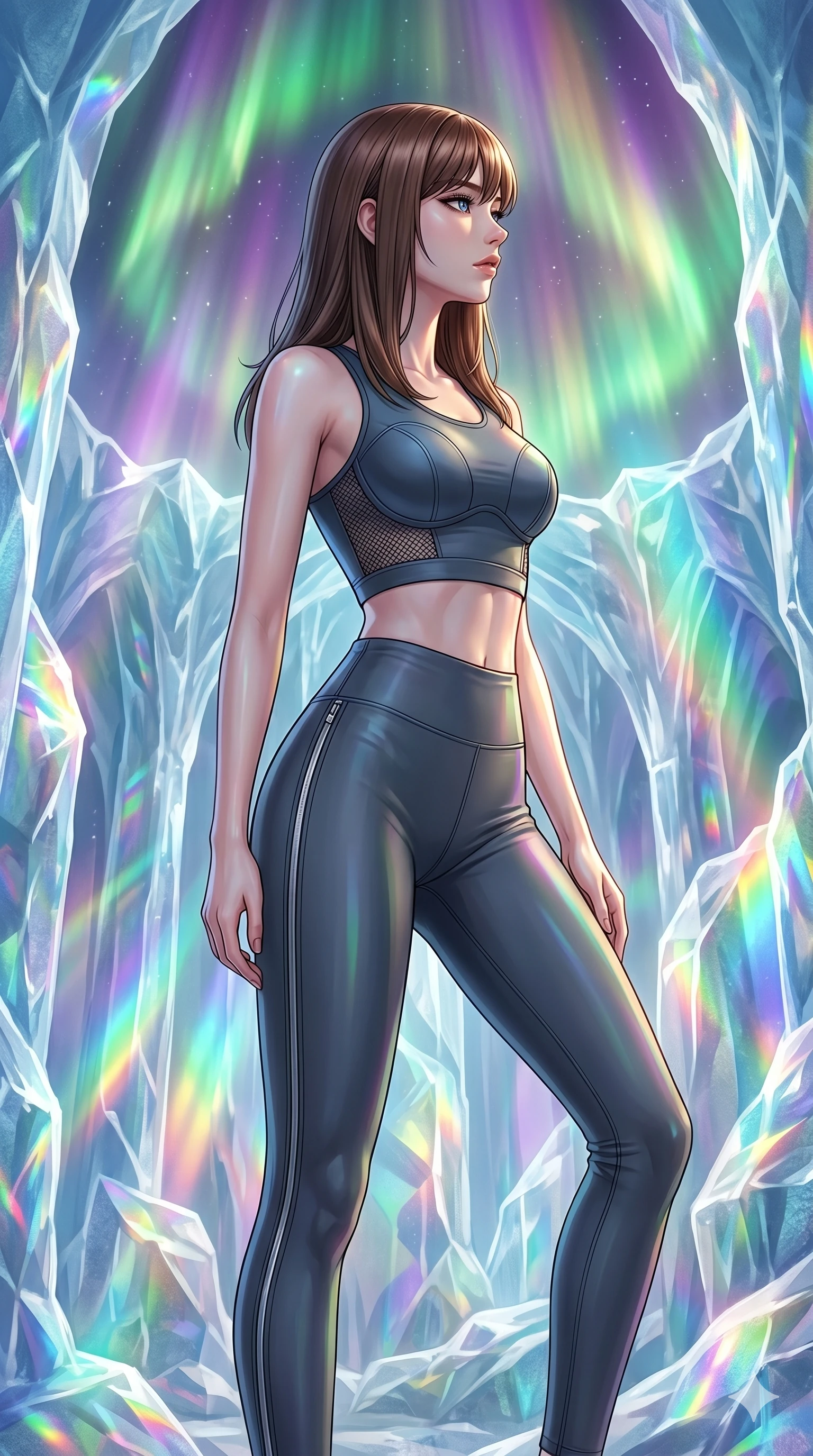 score_9, masterpiece, best quality, ultra-detailed, high-budget anime keyframe, editorial fashion photography, tasteful artistic composition, Korean woman. cowboy shot from the thighs up, character and outfit filling the frame for maximum editorial presence. Turning her face in sharp dramatic profile against the light inside a cathedral carved from pure glacier ice with refracted rainbow light pouring through every surface. She has an absolutely perfect 8-heads proportion, an exceptionally tall and slender female figure with impossibly long slender legs and an ultra-slim waist. V-shaped jawline, high-bridge nose, intricate jewel-like eyes with depth, thick eyelashes, glossy lips with a natural sheen. wearing a high-performance fitted crop sports top in deep chrome grey with sculpted structured cups and a bold graphic mesh insert at the sides, paired with matching high-waist compression leggings with side chrome zip details. illuminated by a shifting aurora palette of green, violet, and gold from above, wrapping her in color. 2k, ultra detail, master piece, 9:16 ratio