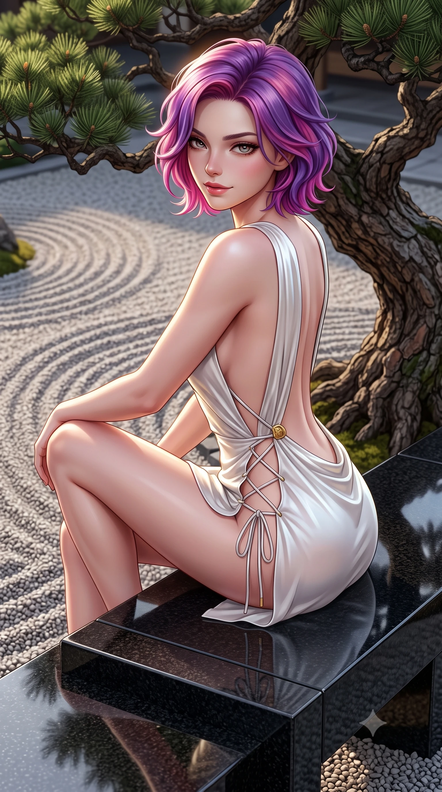 score_9, masterpiece, best quality, ultra-detailed, high-budget anime keyframe, semi-realistic 3D game render, editorial fashion photography, tasteful artistic composition, Caucasian woman. close-up cowboy shot from the waist and thighs up, the character dominates the composition, filling the frame with her large presence. perched sideways on the lounge seat, one knee drawn up to showcase her slender leg line while her arched back accentuates her feminine hip curve while standing poised beside a twisted hundred-year-old bonsai pine with hips cocked back, looking into the camera with an enchanting smoldering gaze. The surrounding environment is rendered in vivid detail and crisp panoramic clarity: sharp raked gravel furrows, gnarled pine bark textures, and polished black granite bench surfaces in deep focus. She has an exceptionally elegant, slender, and willowy female figure with an ultra-slim waist, flat toned midriff, narrow ribcage, and sculpted feminine hips creating an alluring, slim hourglass silhouette without bulk. sharp v-shaped jawline, high-bridge nose, sparkling eyes with hypnotic seductive depth, thick curled eyelashes, glossy parted lips with a natural dewy peach sheen, alluring bedroom-eyes with an enchanting coquettish smile, exuding magnetic siren charisma and sophisticated glamour, flawlessly proportioned anatomical accuracy, strict slender model proportions, natural body alignment, perfectly sculpted long slender limbs, ultra-slim waistline, clean dynamic posture without body distortion. wearing a draped Greek-goddess style silk chiffon mini toga dress with an open back and golden hip fibula in pure pearl alabaster with platinum sheen, tailored from fine structural neoprene with crisp architectural edges and smooth contouring, featuring fine criss-cross lace-up side ties revealing tantalizing glimpses of her hip curve, the high-slit wrap tailoring accentuating her ultra-slim waistline and the enchanting curve of her feminine hips with alluring seductive charm. illuminated by granite bench reflection fill and sharp platinum-gold rim lights defining her razor-sharp jawline, narrow waist, and curvy hips. highly saturated vibrant anime colors, detailed shading with soft gradients, rich glossy textures, high-contrast stereoscopic depth, volumetric dynamic lighting, master piece, 9:16 ratio