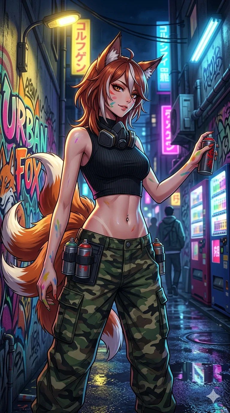 score_9, masterpiece, best quality, ultra-detailed, high-budget anime keyframe, an incredibly beautiful Japanese woman. Dynamic low angle cowboy shot filling the entire 9:16 frame with her statuesque presence. She is an urban fox spirit (gumiho) painting graffiti. Her figure boasts an absolutely perfect 8-heads proportion, an exceptionally tall and slender build emphasizing a delicate skinny aesthetic. Her face is a flawless masterpiece with a sharp v-shaped jawline, high-bridge nose, expressive jewel-like eyes, thick eyelashes, and perfectly glossy lips. She is wearing a tight-fitting crop top and low-rise cargo pants with exposed midriff. A colorful graffiti-covered alley at night, vibrant street lights, cinematic shadows., 2k, ultra detail, master piece, 9:16 ratio