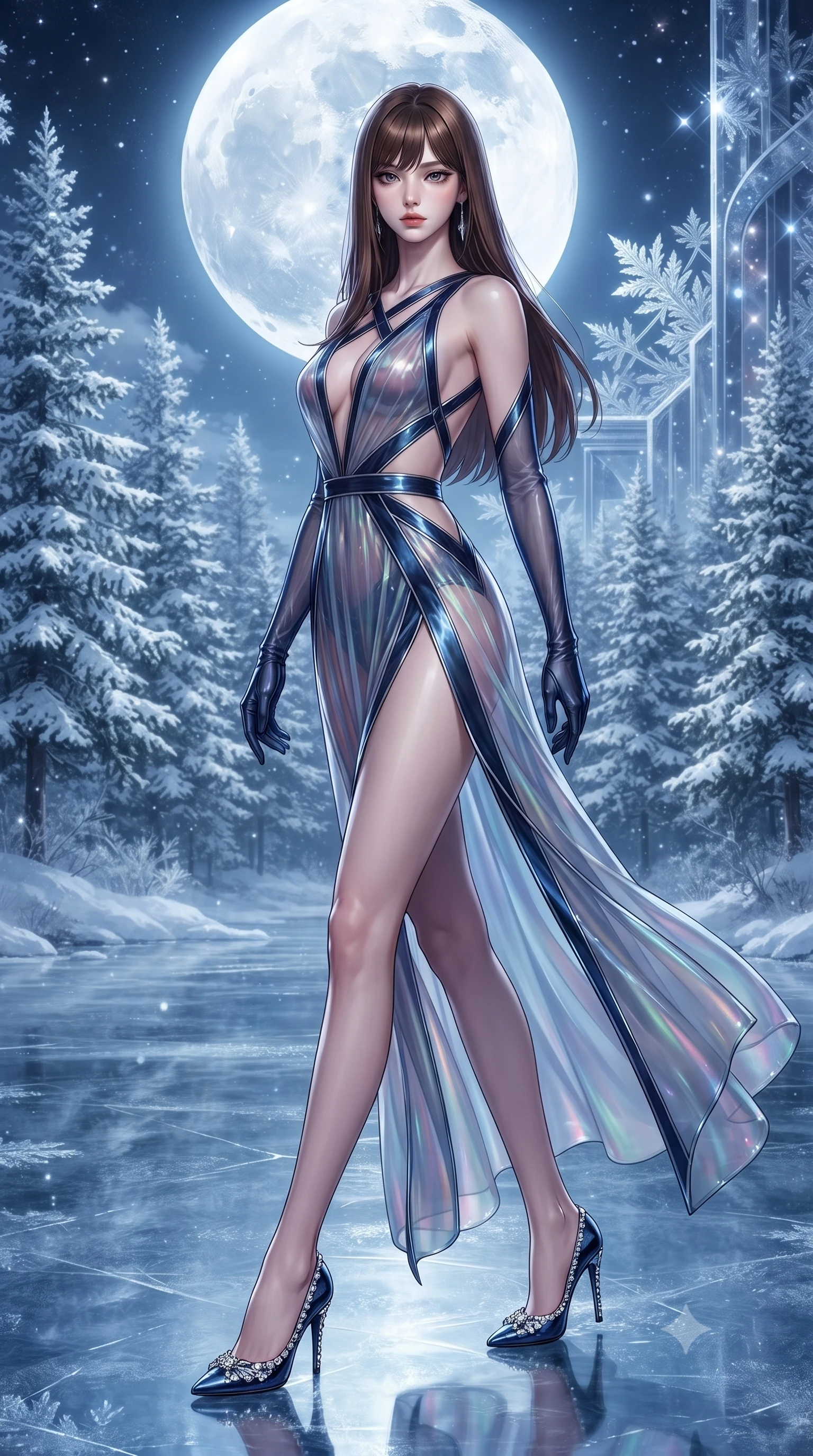 score_9, masterpiece, best quality, ultra-detailed, high-budget anime keyframe, editorial fashion photography, tasteful artistic composition, Korean woman. low angle full-body shot from head to toe showing her feet, filling the entire 9:16 vertical frame with her statuesque presence, stretching her vertical silhouette. navigating the luminous space with effortless poise, displaying her perfect model proportions gliding over a frozen mirror lake surrounded by snow-covered pine trees under a full moon, glistening frost crystals on architecture scattering silver and sapphire light. She has an absolutely perfect, statuesque 8.5-heads proportion, an exceptionally tall and slender model-like female figure with impossibly long slender legs and an ultra-slim waist. sharp v-shaped jawline, high-bridge nose, intricate jewel-like eyes with depth, thick eyelashes, glossy lips with a natural sheen. wearing a translucent iridescent chiffon gown with a plunging neckline and open back in midnight navy blue and chrome trim, formed from sleek second-skin neoprene, complemented by criss-cross back straps highlighting her bare shoulders, the glove-like fit emphasizing her statuesque silhouette. bathed in brilliant cold silver moonlight and crisp sapphire ambient glow. ultra-reflective glossy finish, specular highlights, metallic sheen, high-contrast stereoscopic depth, volumetric dynamic lighting, 2k, ultra detail, master piece, 9:16 ratio