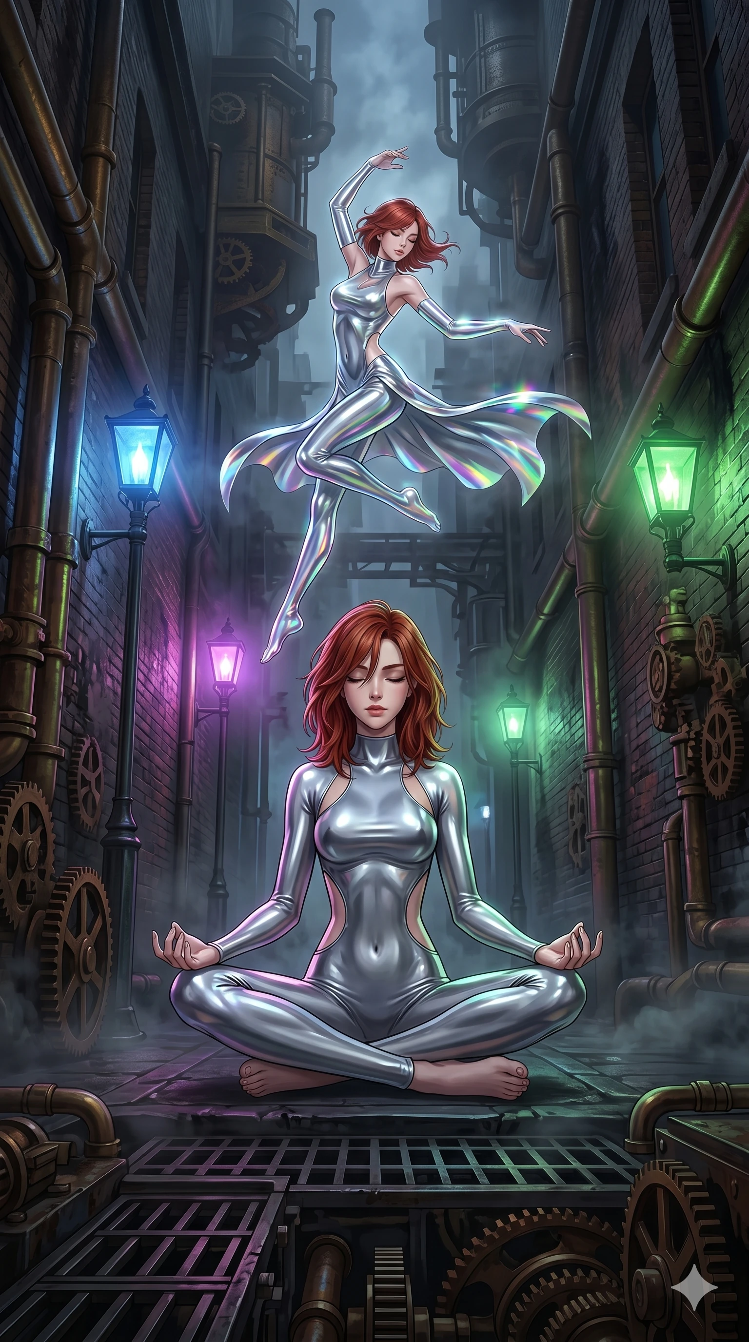 score_9, masterpiece, best quality, ultra-detailed, Set A: High-budget Anime Keyframe, Japanese woman. Low angle cowboy shot filling the entire 9:16 frame with her statuesque presence. Theme: Urban Decay. meditating in a steampunk London alleyway, as her reflection in the air starts to dance independently 65. The atmosphere is filled with heavy smog with neon flares. She has an absolutely perfect 8-heads proportion, an exceptionally tall and slender female figure with impossibly long slender legs and an ultra-slim waist. Sharp v-shaped jawline, high-bridge nose, intricate jewel-like eyes with depth, glossy lips. Wearing Sleek silver liquid-mercury jumpsuit with a high neck and strategic cut-outs. Cinematic lighting, vivid colors, dramatic shadows, 2k, ultra detail, master piece, 9:16 ratio