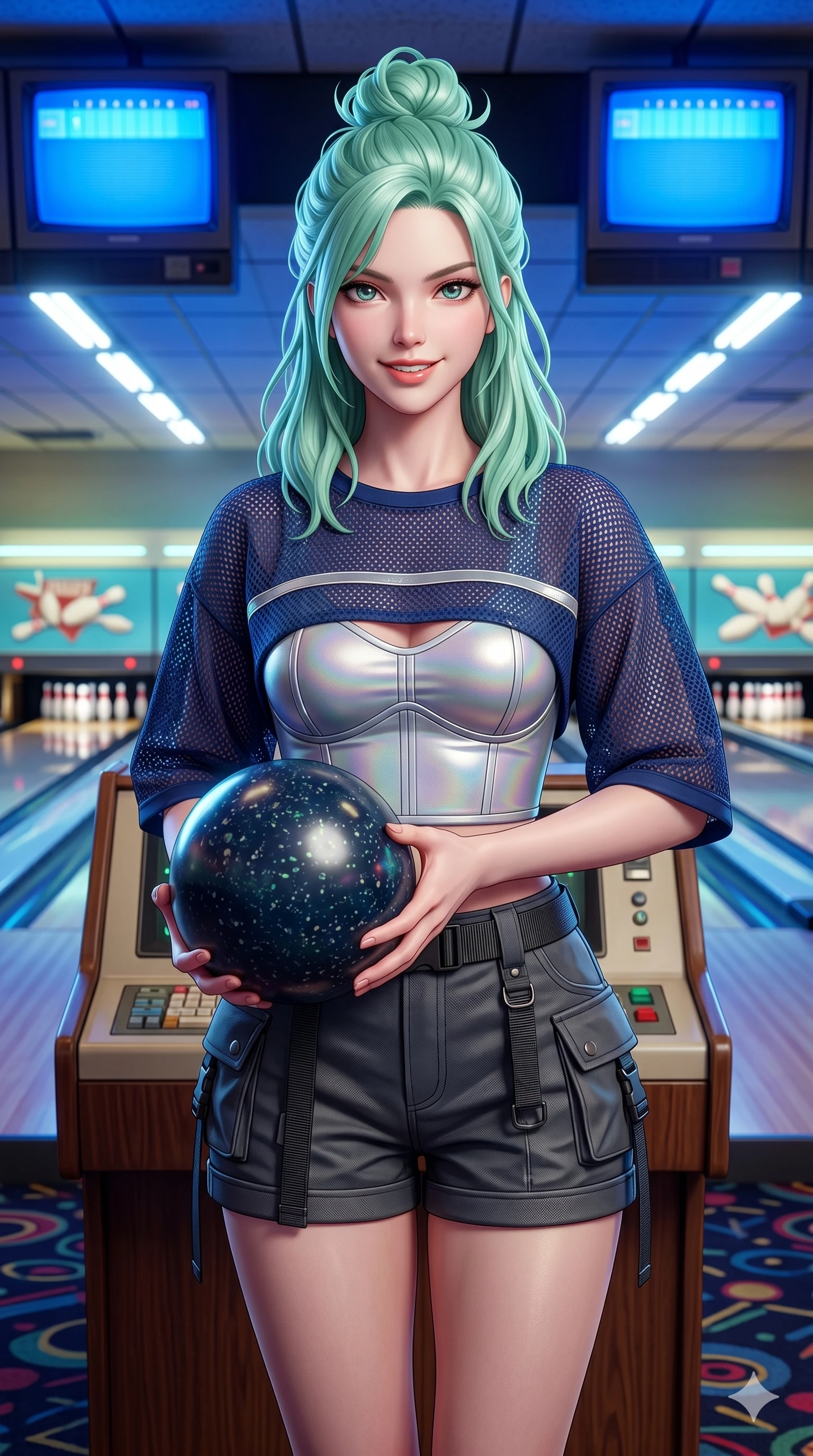 score_9, masterpiece, best quality, ultra-detailed, high-budget anime keyframe, semi-realistic 3D game render, Japanese woman. Upper body close-up from the thighs up, character filling the screen for maximum presence. Standing next to a retro bowling game console, holding a ball, preparing to roll the ball with a playful, challenging smile. She is wearing a sporty cropped top over a silver bodice, and dark utility shorts. The scene is lit by the bright white lane lights and blue scoring monitors. 2k, ultra detail, master piece, 9:16 ratio