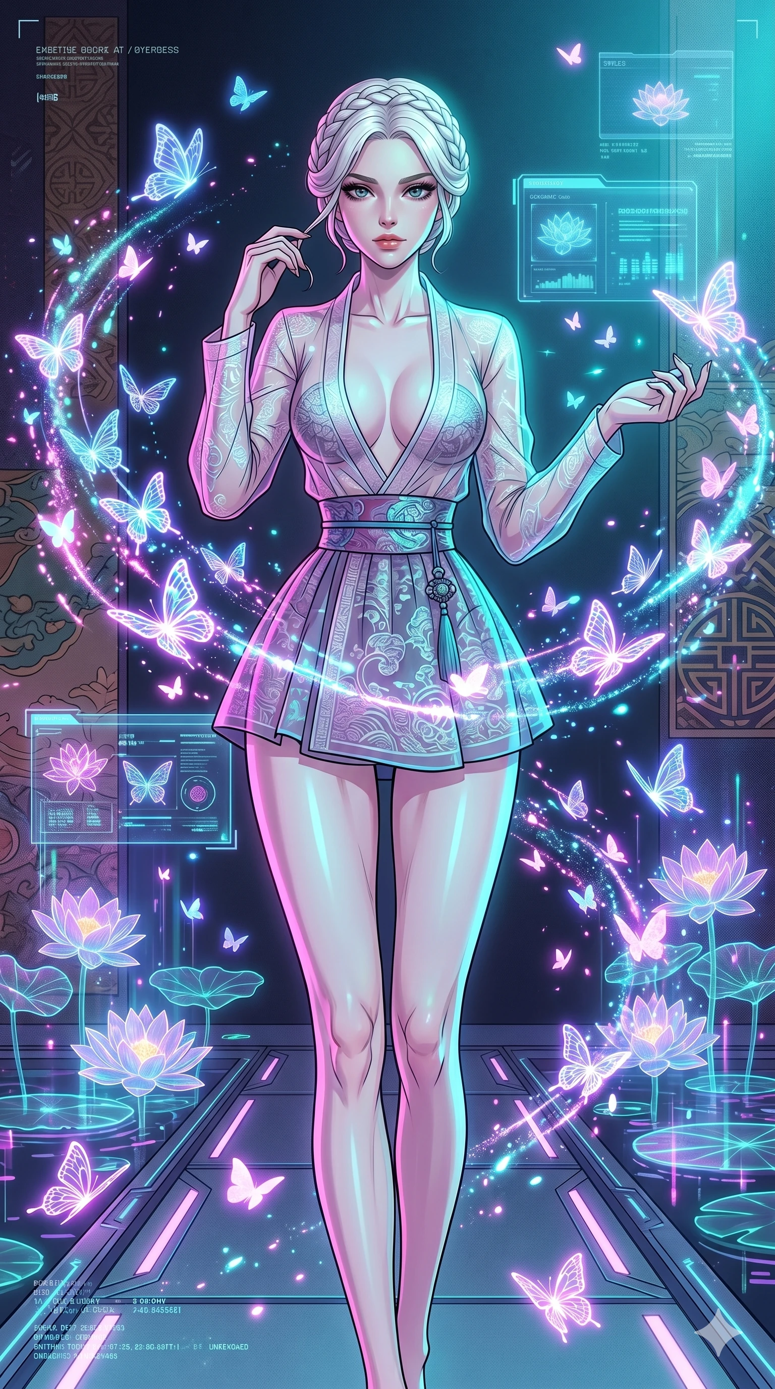 score_9, masterpiece, best quality, ultra-detailed, High-budget Anime Keyframe, vibrant colors, fluid line-art, expressive lighting, cinematic composition, Ufotable-style visual effects, top-tier animation quality, Caucasian woman with pale skin and refined features. Upper body close-up from the thighs up, character filling the screen for maximum presence. Surrounded by a swarm of digital butterflies that leave trails of neon dust. She has an absolutely perfect 8-heads proportion, an exceptionally tall and slender female figure with impossibly long slender legs and an ultra-slim waist, her statuesque height and towering silhouette dominating the vertical 9:16 frame. Her face is a masterpiece featuring a sharp v-shaped jawline, high-bridge nose, intricate jewel-like eyes with depth, thick eyelashes, and glossy lips with a natural sheen. She is wearing a Shortened cyber-hanbok skirt with a transparent jeogori, deep plunging neckline, and traditional silk patterns printed on modern tech-fabrics.. The scene is set in a digital garden filled with holographic lotus flowers and neon butterflies. 2k, ultra detail, master piece, 9:16 ratio