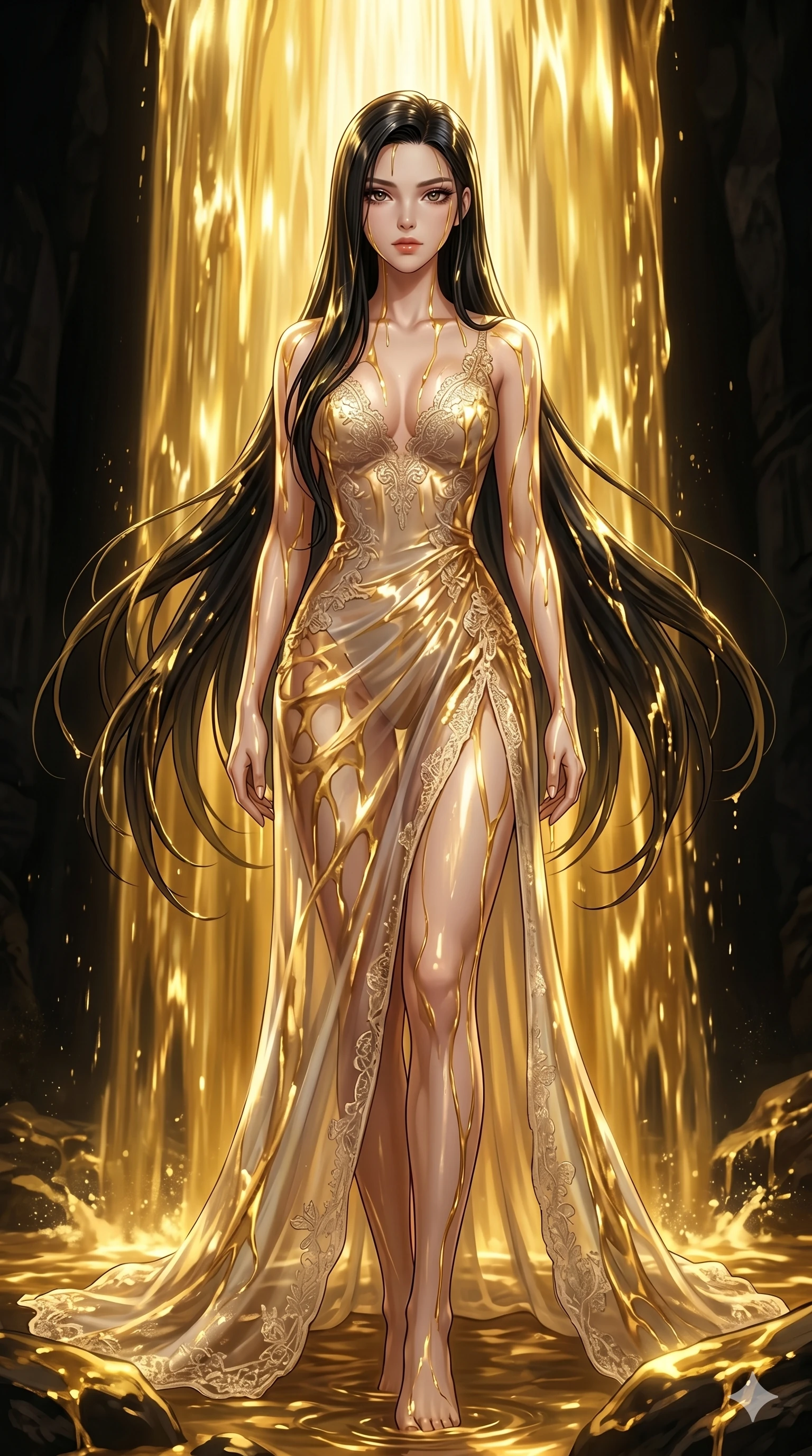 score_9, masterpiece, best quality, ultra-detailed, High-budget Anime Keyframe, East Asian woman. Low angle cowboy shot filling the entire 9:16 frame with her statuesque presence. Scenario 119: Standing under a waterfall of liquid gold, the fluid coating her form. Her presence is magnetic and overpowering in this high-budget anime scene. Outfit 119: A shimmering chiffon sheer with a thigh-high slit and delicate lace embroidery. The clothing is designed to emphasize her exceptionally tall and slender 8-heads proportion. 8-heads proportion, towering silhouette, ultra-slim waist. sharp v-shaped jawline, intricate jewel-like eyes with depth, thick eyelashes, glossy lips. 2k, ultra detail, master piece, 9:16 ratio