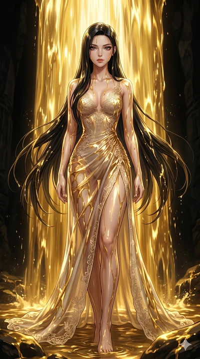 score_9, masterpiece, best quality, ultra-detailed, High-budget Anime Keyframe, East Asian woman. Low angle cowboy shot filling the entire 9:16 frame with her statuesque presence. Scenario 119: Standing under a waterfall of liquid gold, the fluid coa