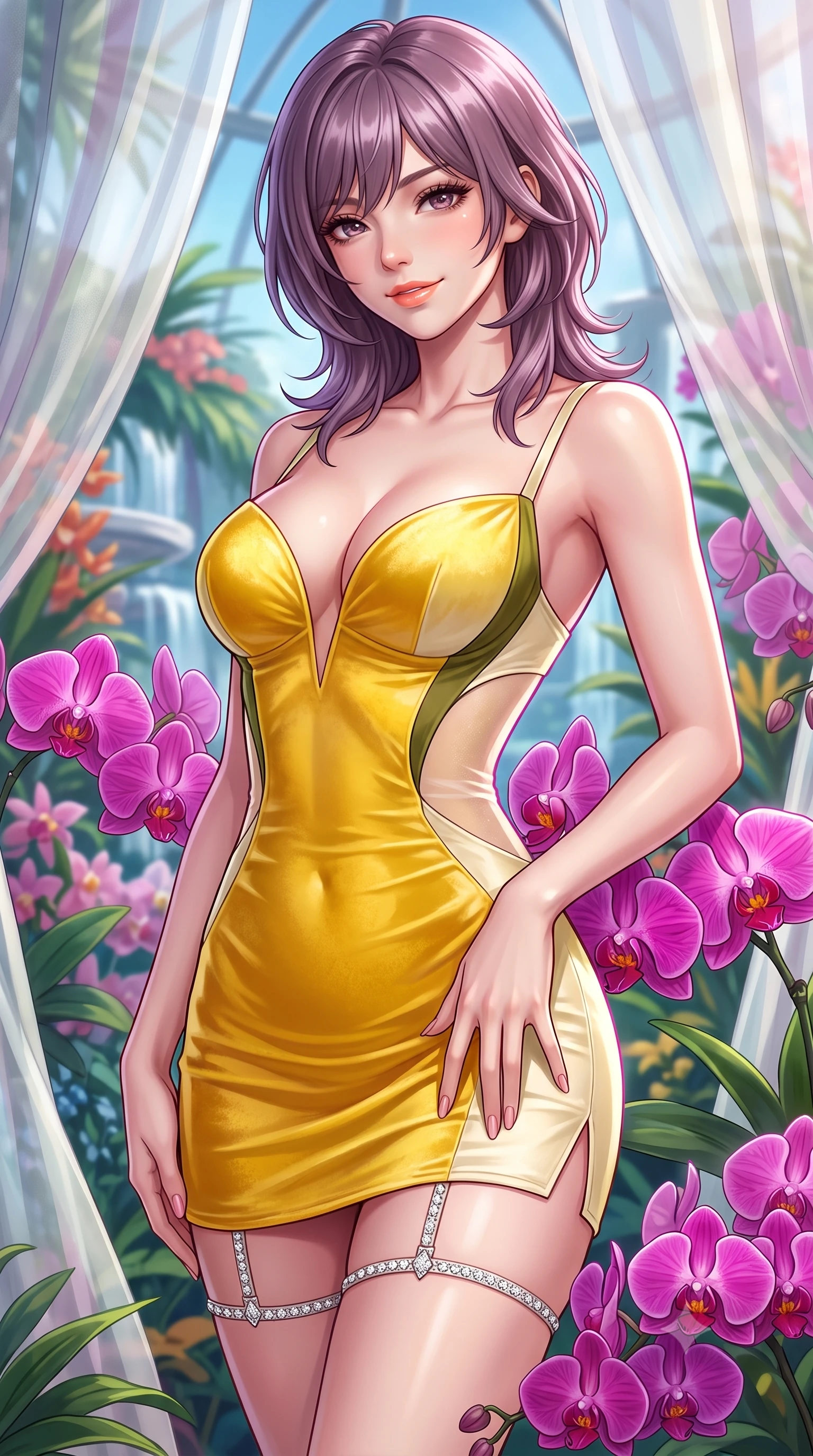 score_9, masterpiece, best quality, ultra-detailed, high-budget anime keyframe, semi-realistic 3D game render, editorial fashion photography, tasteful artistic composition, Japanese woman. close-up cowboy shot from the waist and thighs up, the character dominates the composition, filling the frame with her large presence. tilting her head with a teasing half-smile, running one hand slowly down the side of her hip in a flirtatious S-curve as ambient light caresses her silhouette while twisting her slender torso in an alluring S-curve, exotic magenta orchids framing her sculpted flat midriff, waist, and curvy hips. The surrounding environment is rendered in vivid detail and crisp panoramic clarity: detailed sheer chiffon wrap dress cling, gold body jewelry shine, and exotic botanical display in high resolution. She has an exceptionally elegant, slender, and willowy female figure with an ultra-slim waist, flat toned midriff, narrow ribcage, and sculpted feminine hips creating an alluring, slim hourglass silhouette without bulk. sharp v-shaped jawline, high-bridge nose, sparkling eyes with hypnotic seductive depth, thick curled eyelashes, glossy parted lips with a natural dewy peach sheen, alluring bedroom-eyes with an enchanting coquettish smile, exuding magnetic siren charisma and sophisticated glamour, flawlessly proportioned anatomical accuracy, strict slender model proportions, natural body alignment, perfectly sculpted long slender limbs, ultra-slim waistline, clean dynamic posture without body distortion. wearing a deep sweetheart-neckline velvet bodycon dress with sheer side-torso cutouts accentuating her hourglass curves in sunlit daisy yellow and gardenia cream with olive accents, made of sheer gossamer chiffon that drapes softly against skin with airy translucence, finished with delicate crystal-encrusted thigh garter straps glinting under the lights, the liquid-tight tailored fabric clinging flawlessly to her narrow waist and rounded feminine hips, emphasizing every millimeter of her sculpted slim hourglass curves without any bulky heaviness. illuminated by waterfall spray reflection fill and sharp platinum-magenta rim lights defining her delicate clavicles, narrow waist, and curvy hips. highly saturated vibrant anime colors, detailed shading with soft gradients, rich glossy textures, high-contrast stereoscopic depth, volumetric dynamic lighting, master piece, 9:16 ratio