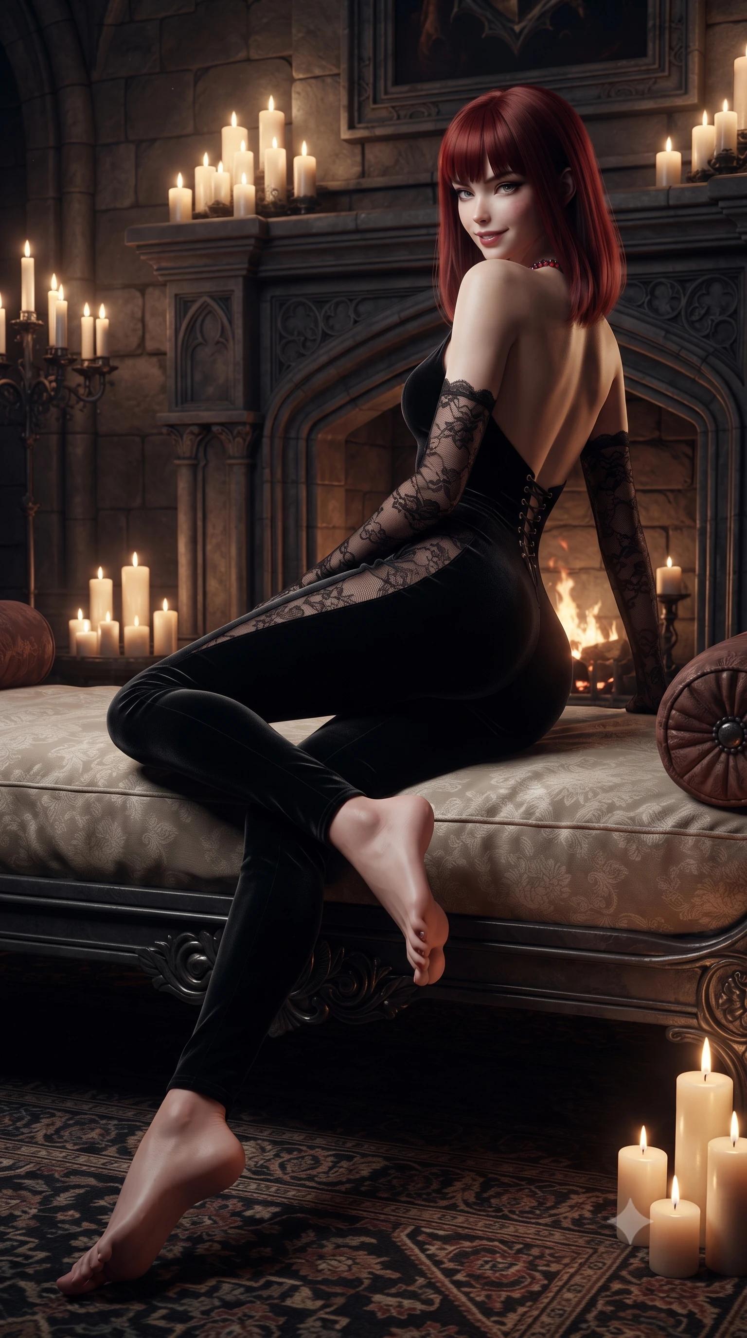 score_9, masterpiece, best quality, ultra-detailed, high-budget anime keyframe, editorial fashion photography, tasteful artistic composition, Caucasian woman. low angle full-body shot from head to toe showing her feet, filling the entire 9:16 vertical frame with her statuesque presence, stretching her vertical silhouette. lounging on the lavish daybed with legs crossed and hips angled toward the camera, displaying her toned midriff and long slender limbs with effortless siren poise while leaning against the gothic stone fireplace mantel with hips cocked back, looking over a bare shoulder with an intoxicating vampire half-smile. The surrounding environment is rendered in vivid detail and crisp panoramic clarity: detailed boned velvet corset lacing, ruby necklace sparkle, and medieval castle masonry in razor-sharp precision. She has an absolutely perfect, statuesque 8.5-heads proportion, an exceptionally tall and slender model-like female figure with impossibly long slender legs, an ultra-slim waist, a flat toned midriff, narrow delicate ribcage, and beautifully sculpted feminine hips creating a graceful, slim hourglass silhouette without any bulky heaviness. sharp v-shaped jawline, high-bridge nose, sparkling eyes with hypnotic seductive depth, thick curled eyelashes, glossy parted lips with a natural dewy peach sheen, alluring bedroom-eyes with an enchanting coquettish smile, exuding magnetic siren charisma and sophisticated glamour, flawlessly proportioned anatomical accuracy, strict slender model proportions, natural body alignment, perfectly sculpted long slender limbs, ultra-slim waistline, clean dynamic posture without body distortion. wearing a backless plunge-front second-skin velvet jumpsuit with fluid tapered legs and sheer lace hip inserts in wet-look onyx black with crimson specular reflections, made of semi-opaque stretch illusion mesh with soft shadowy contours, complemented by sheer opera-length lace evening gloves tracing her slender arms, the precision-cut side openings and low-back scoop framing her graceful spine and the sensual sweep of her slim, toned hips. bathed in moody chiaroscuro lighting spilling from clusters of real beeswax candles and fireplace embers. ultra-reflective glossy finish, specular highlights, rich textural contrasts, high-contrast stereoscopic depth, volumetric dynamic lighting, 2k, ultra detail, master piece, 9:16 ratio