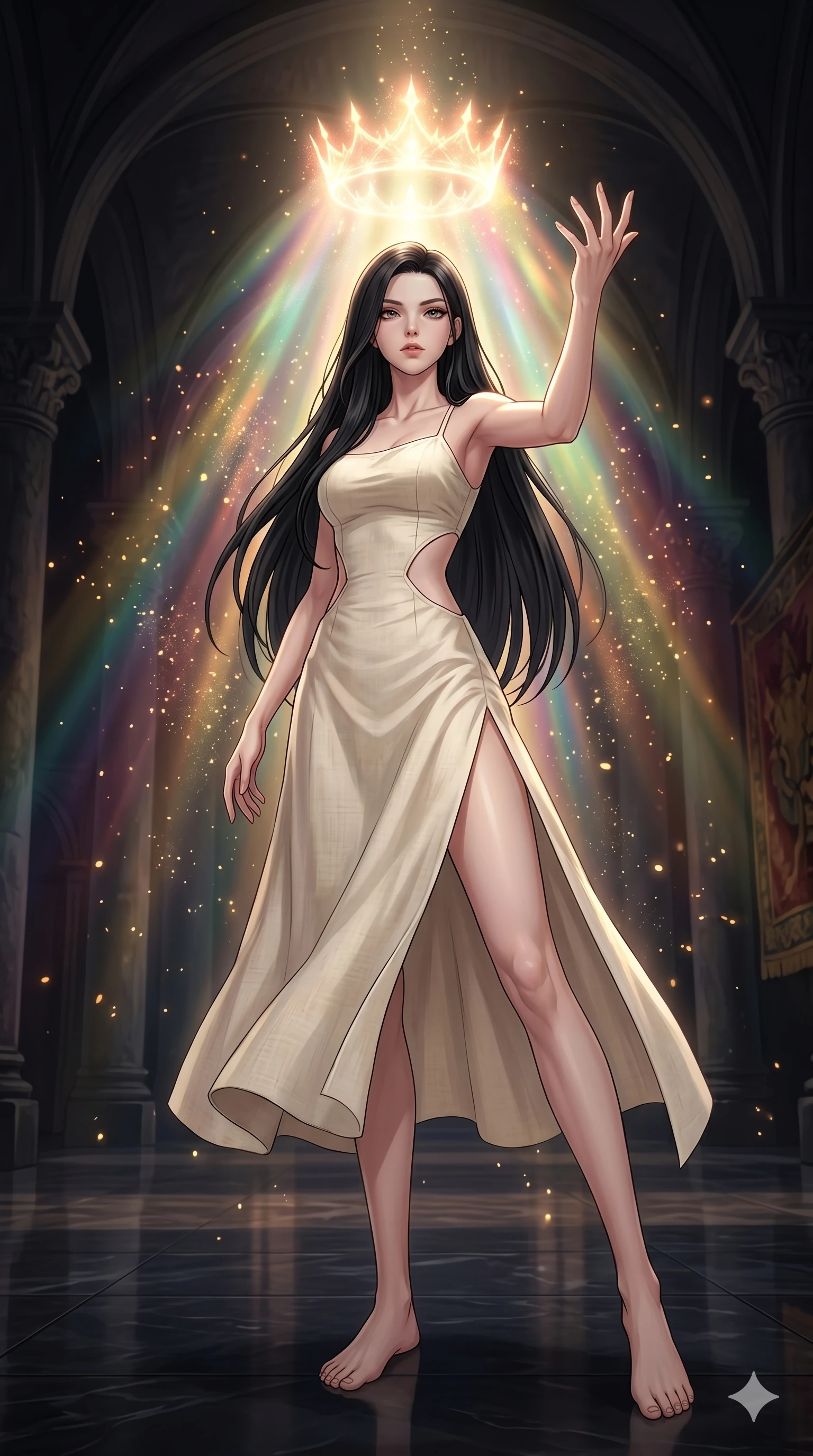 score_9, masterpiece, best quality, ultra-detailed, High-budget Anime Keyframe, beautiful Caucasian anime girl (strictly human ears). Low angle cowboy shot filling the entire 9:16 frame with her statuesque presence. Summoning a crown of light that shines above her head in a darkened grand hall with golden dust. She has an absolutely perfect 8-heads proportion, an exceptionally tall and slender female figure with impossibly long slender legs and an ultra-slim waist. Sharp v-shaped jawline, high-bridge nose, intricate jewel-like eyes with depth, thick eyelashes, glossy lips with a natural sheen. Wearing a Seasonal/Resort outfit: cream linen sundress with side cut-outs and a high side slit. Background is a bright and colorful grand interior with golden light rays and floating dust particles. 2k, ultra detail, master piece, 9:16 ratio