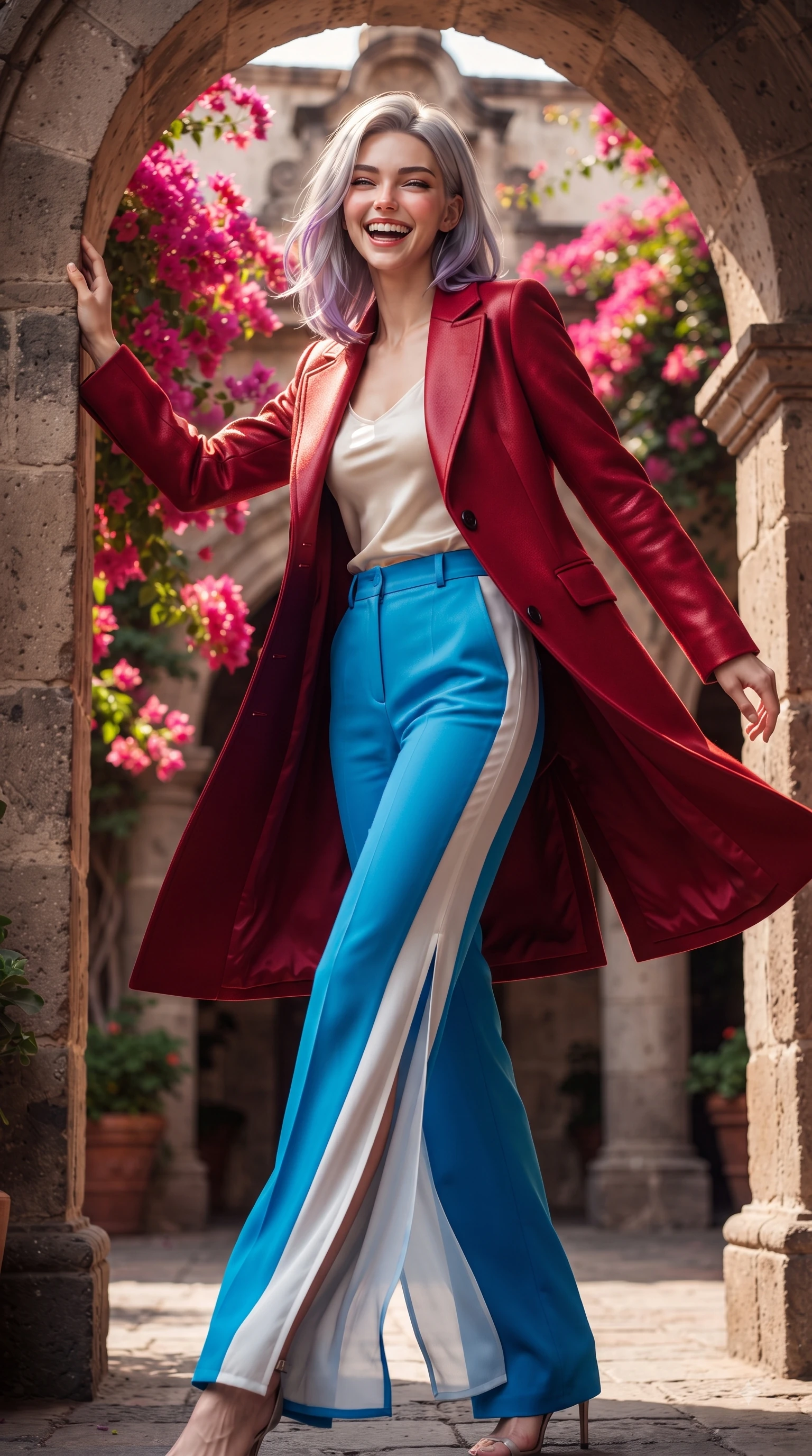score_9, masterpiece, best quality, ultra-detailed, high-budget anime keyframe, editorial fashion photography, tasteful artistic composition, Caucasian woman. low angle full-body shot from head to toe showing her feet, filling the entire 9:16 vertical frame with her statuesque presence, stretching her vertical silhouette. Ecstatic joyful laughter with eyes crinkling in pure delight and vibrant energy filling her dynamic posture while leaning against a classic stone archway framed by trailing bougainvillea flowers. The surrounding environment is rendered in vivid detail and crisp panoramic clarity. vibrant bougainvillea blossoms, historic archways, and detailed architectural shadows in panoramic clarity. She has an absolutely perfect, statuesque 8.5-heads proportion, an exceptionally tall and slender model-like female figure with impossibly long slender legs and an ultra-slim waist. sharp v-shaped jawline, high-bridge nose, intricate jewel-like eyes with depth, thick eyelashes, glossy lips with a natural sheen, flawlessly proportioned anatomical accuracy, natural body alignment, perfectly sculpted elegant limbs, clean dynamic posture without body distortion. wearing a tailored crimson red wool coat over a fitted ivory silk top and tailored trousers in electric azure blue and cloud white, woven from fine lightweight chiffon fluttering gracefully, finished with a sleek side slit ascending to mid-thigh, the fluid drape swaying gracefully with her dynamic editorial movement. illuminated by high-contrast directional key light and warm ambient reflections. ultra-reflective glossy finish, specular highlights, metallic sheen, high-contrast stereoscopic depth, volumetric dynamic lighting, 2k, ultra detail, master piece, 9:16 ratio
