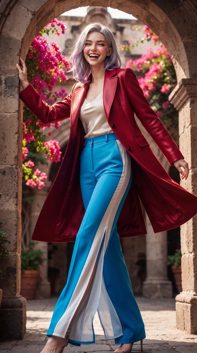score_9, masterpiece, best quality, ultra-detailed, high-budget anime keyframe, editorial fashion photography, tasteful artistic composition, Caucasian woman. low angle full-body shot from head to toe showing her feet, filling the entire 9:16 vertica