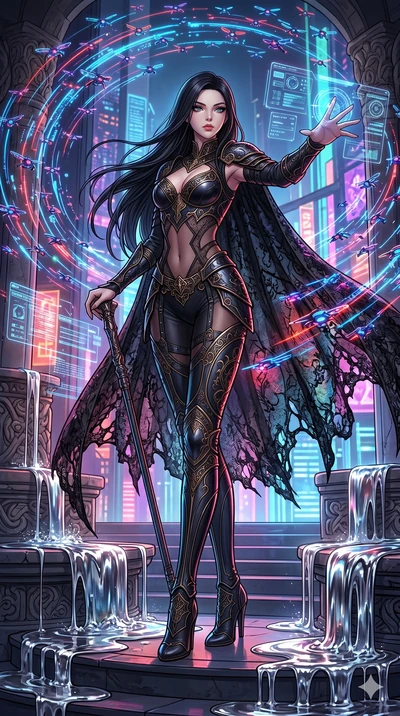 score_9, masterpiece, best quality, ultra-detailed, high-budget anime movie keyframe, cinematic anime lighting, intricate line art, Caucasian (strictly human ears) woman. Dynamic full-body shot stretching the vertical silhouette across the 9:16 frame
