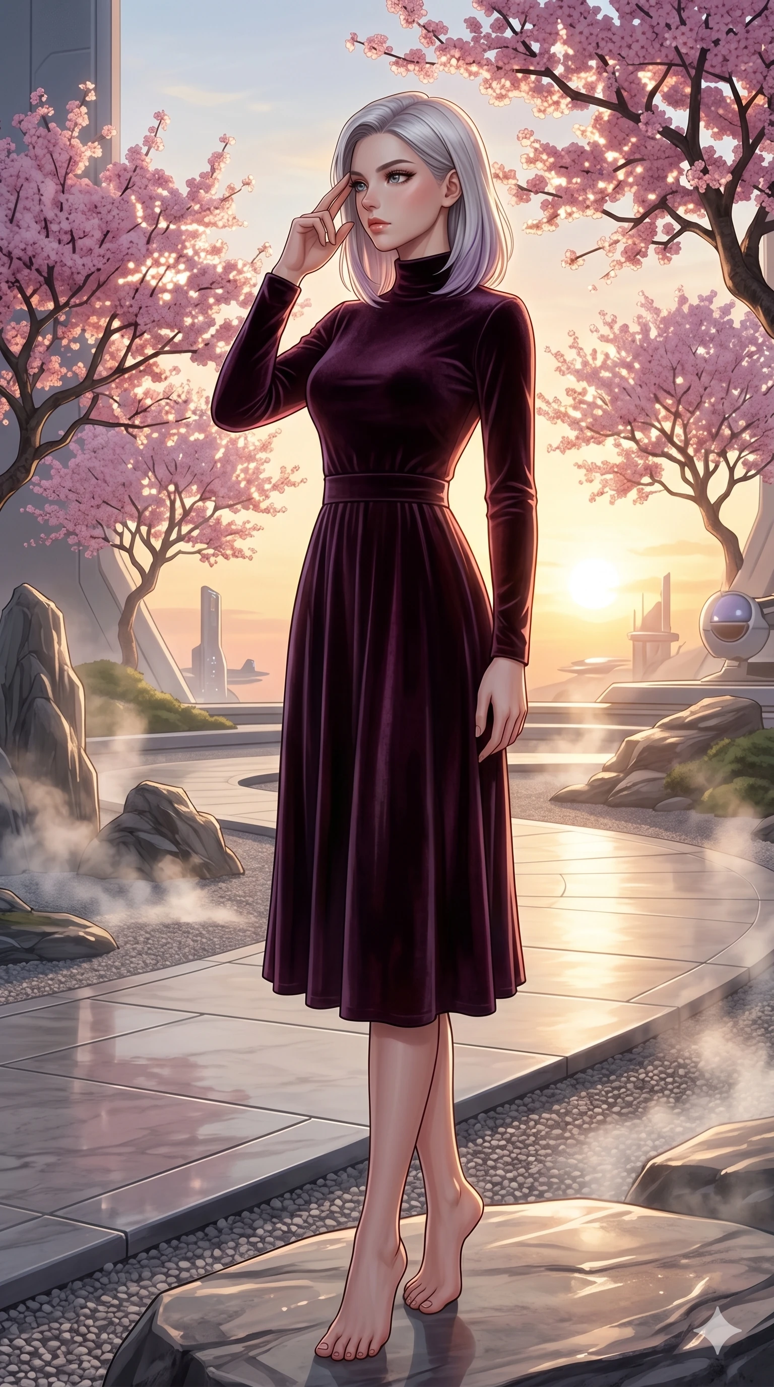 score_9, masterpiece, best quality, ultra-detailed, high-budget anime keyframe, editorial fashion photography, tasteful artistic composition, Caucasian woman, strictly human ears. low angle full-body shot from head to toe showing her feet, filling the entire 9:16 vertical frame with her statuesque presence, stretching her vertical silhouette. pressing two fingers to her temple in a composed thoughtful gesture, looking past the camera with quiet, sharp focus by a futuristic zen garden with floating digital cherry trees at dusk (Code-P18-010). She has an absolutely perfect 8-heads proportion, an exceptionally tall and slender female figure with impossibly long slender legs and an ultra-slim waist. V-shaped jawline, high-bridge nose, intricate jewel-like eyes with depth, thick eyelashes, glossy lips with a natural sheen. wearing a high-neck velvet midi dress with long sleeves and a neat waistband. drenched in warm morning sunshine filtering through the rising steam, tracing her bare shoulders. 2k, ultra detail, master piece, 9:16 ratio