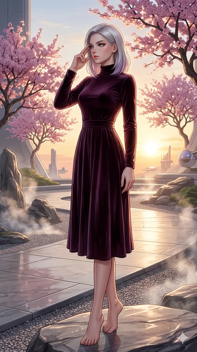 score_9, masterpiece, best quality, ultra-detailed, high-budget anime keyframe, editorial fashion photography, tasteful artistic composition, Caucasian woman, strictly human ears. low angle full-body shot from head to toe showing her feet, filling th