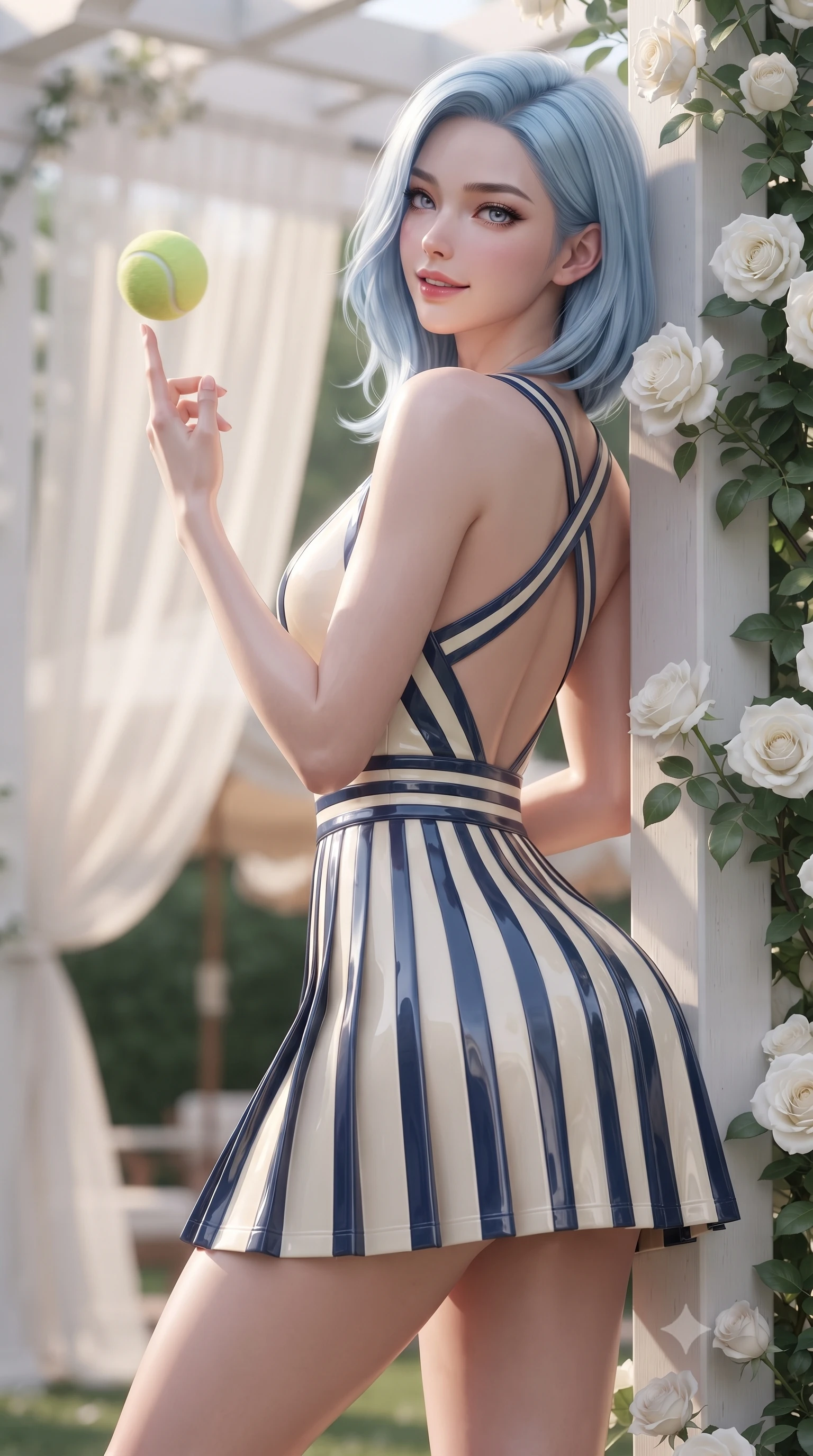 score_9, masterpiece, best quality, ultra-detailed, high-budget anime keyframe, editorial fashion photography, tasteful artistic composition, Korean woman. close-up cowboy shot from the waist and thighs up, the character dominates the composition, filling the frame with her large presence. playfully spinning a tennis ball on her fingertips, her radiant smile capturing fresh girlhood charm while her arched torso reveals an intoxicating hip contour while leaning against the white pergola post draped in white roses with hips cocked back, looking over her shoulder with an alluring, sophisticated smile. The background shows a soft-focus fluttering sheer pergola drapes and vintage canvas umbrella canopies softened in exclusive East Coast shallow focus. She has an exceptionally elegant, slender, and willowy female figure with an ultra-slim waist, flat toned midriff, narrow ribcage, and sculpted feminine hips creating an alluring, slim hourglass silhouette without bulk. sharp v-shaped jawline, high-bridge nose, sparkling eyes with athletic focus and depth, thick curled eyelashes, glossy parted lips with a natural coral-peach sheen, bright confident and coquettish smile with alluring bedroom-eyes, exuding both youthful sporty vigor and sovereign high-society glamour, flawlessly proportioned anatomical accuracy, strict slender model proportions, natural body alignment, perfectly sculpted long slender limbs, ultra-slim waistline, clean dynamic posture without body distortion. wearing a deep V-neck knit tennis dress with an open-back scoop and knife-pleated skirt tracing her narrow waist and hips in retro tennis cream and navy blue stripes, made of high-gloss reflective patent leather with mirror-like specular highlights, finished with criss-cross back athletic straps highlighting her graceful shoulder blades, the high-waisted wrap tailoring accentuating her ultra-slim waistline and the enchanting curve of her feminine hips with alluring sporty charm. illuminated by lawn bounce fill and sharp platinum rim lights defining her razor-sharp jawline, narrow waist, and curvy hips. ultra-reflective glossy finish, specular highlights, rich textural contrasts, high-contrast stereoscopic depth, volumetric dynamic lighting, 2k, ultra detail, master piece, 9:16 ratio