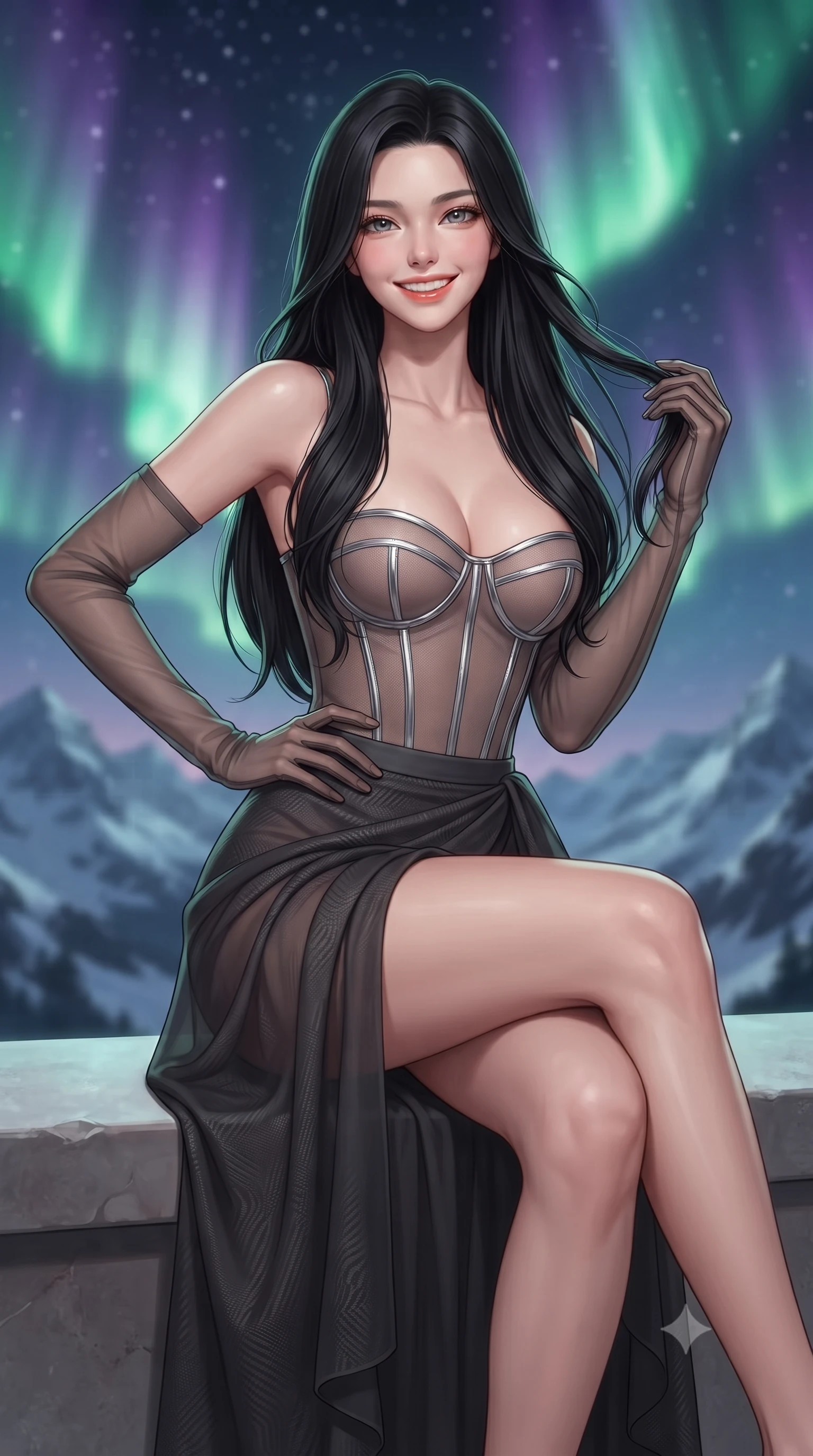 score_9, masterpiece, best quality, ultra-detailed, high-budget anime keyframe, editorial fashion photography, tasteful artistic composition, Korean woman. close-up cowboy shot from the waist and thighs up, the character dominates the composition, filling the frame with her large presence. twisting her slender torso in an alluring contrapposto stance, one hand resting on her sculpted hip while her fingers toy with her hair with effortless poise while sitting gracefully on the heated stone parapet ledge with legs crossed, flashing an enchanting smile with parted glossy lips. The background shows a soft-focus rippling emerald and amethyst southern aurora ribbons across the star-studded night sky, jagged snow-covered mountain ridges blurred into jade, violet, and diamond bokeh. She has an exceptionally elegant, slender, and willowy female figure with an ultra-slim waist, flat toned midriff, narrow ribcage, and sculpted feminine hips creating an alluring, slim hourglass silhouette without bulk. sharp v-shaped jawline, high-bridge nose, intricate jewel-like sparkling eyes with depth, thick eyelashes, glossy parted lips with a natural peach sheen, bright cheerful beaming smile with an enchanting and coquettish sensual glint, exuding both youthful cute charm and seductive allure, flawlessly proportioned anatomical accuracy, strict slender model proportions, natural body alignment, perfectly sculpted long slender limbs, ultra-slim waistline, clean dynamic posture without body distortion. wearing a provocative translucent mesh corset bodice with boned satin channels paired with a sheer chiffon wrap maxi skirt in liquid mercury chrome and stealth charcoal, woven from structured carbon-fiber jacquard with rich textural depth, complemented by sheer opera-length evening gloves tracing her slender arms, the bespoke structured tailoring following the natural line of her 8.5-heads silhouette with refined elegance. bathed in the natural undulating luminescence of polar auroras contrasted with warm 2500K dome interior cove lighting. ultra-reflective glossy finish, specular highlights, rich textural contrasts, high-contrast stereoscopic depth, volumetric dynamic lighting, 2k, ultra detail, master piece, 9:16 ratio