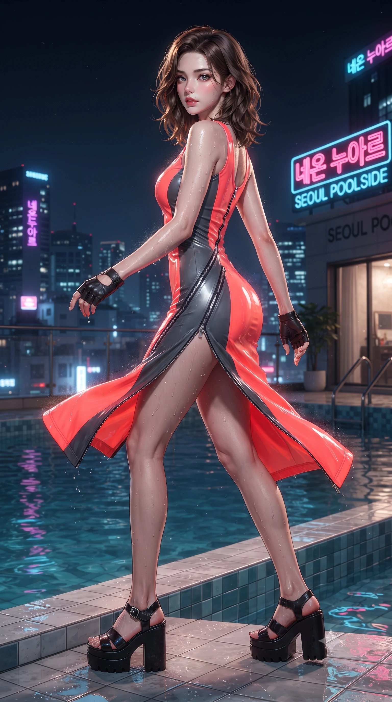 score_9, masterpiece, best quality, ultra-detailed, high-budget anime keyframe, editorial fashion photography, tasteful artistic composition, Korean woman. low angle full-body shot from head to toe showing her feet, filling the entire 9:16 vertical frame with her statuesque presence, stretching her vertical silhouette. executing an elegant mid-motion pivot turn as garments swirl around her slender limbs, glancing over her shoulder with an intoxicating bedroom-gaze while pulling herself lightly out of the pool onto the tiled ledge, water droplets glistening on her sculpted glutes and toned midriff. The surrounding environment is rendered in vivid detail and crisp panoramic clarity. detailed neon sign typography, wet fabric sheen, and night skyline reflections in high clarity. She has an absolutely perfect, statuesque 8.5-heads proportion, an exceptionally tall and slender model-like female figure with impossibly long slender legs, a toned flat midriff, an ultra-slim waist, and beautifully sculpted feminine hips. sharp v-shaped jawline, high-bridge nose, intricate jewel-like eyes with depth, thick eyelashes, glossy parted lips with a natural sheen, intensely captivating and seductive bedroom-eyes expression, flawlessly proportioned anatomical accuracy, strict slender model proportions, natural body alignment, perfectly sculpted long slender limbs, ultra-slim waistline, clean dynamic posture without body distortion. wearing a form-contouring vinyl track dress with diagonal zipper detailing and an ultra-high side slit in blazing neon coral and graphite grey, crafted from flexible reflective spandex and tactical webbing, accessorized with bold platform sandals and fingerless leather gloves, the liquid-tight tailored fabric clinging flawlessly to her narrow waist and rounded feminine hips, emphasizing every millimeter of her sculpted hourglass curves during movement. illuminated by wet specular bounce lights accentuating her feminine waist-to-hip hourglass contour. ultra-reflective glossy finish, specular highlights, rich textural contrasts, high-contrast stereoscopic depth, volumetric dynamic lighting, 2k, ultra detail, master piece, 9:16 ratio