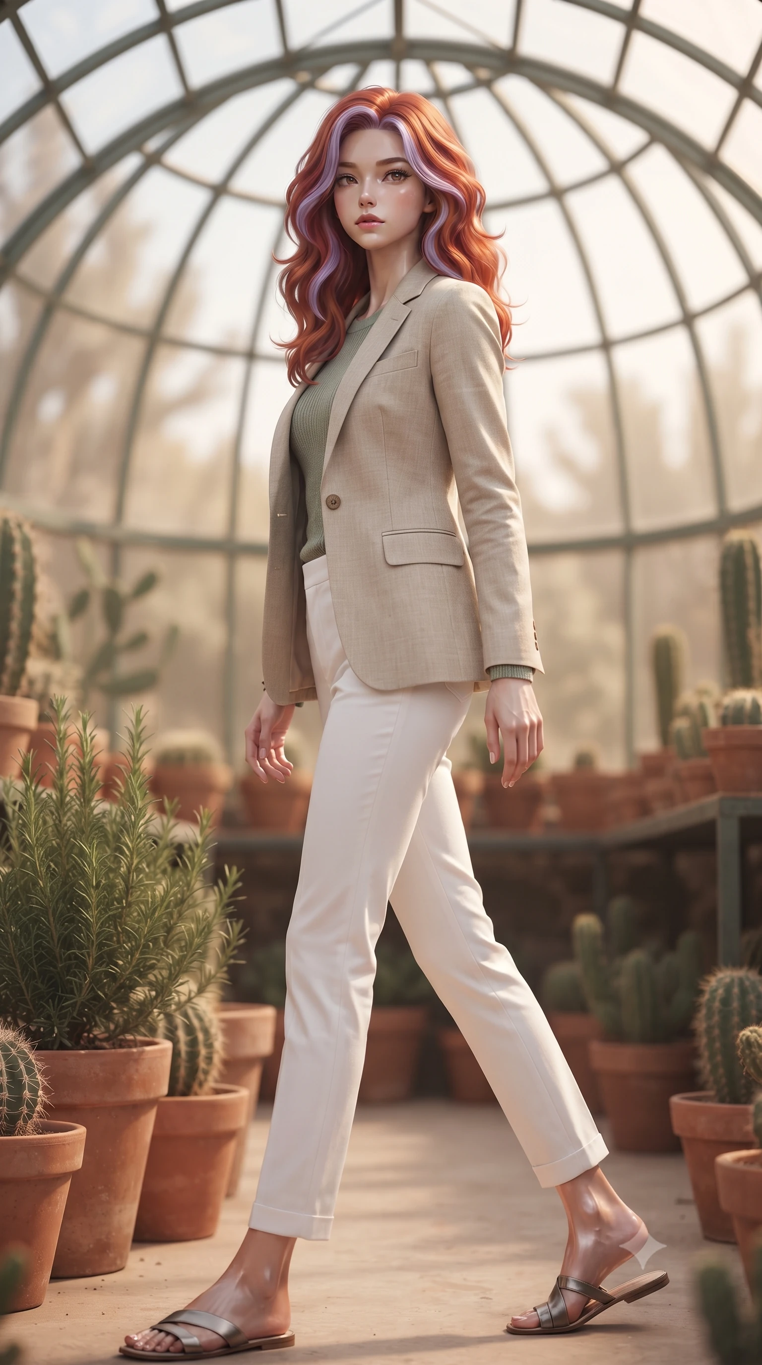 score_9, masterpiece, best quality, ultra-detailed, high-budget anime keyframe, editorial fashion photography, tasteful artistic composition, Caucasian woman. low angle full-body shot from head to toe showing her feet, filling the entire 9:16 vertical frame with her statuesque presence, stretching her vertical silhouette. stepping gracefully while looking back over her shoulder, her dress draped tightly to reveal her silhouette the background shows a soft-focus a desert greenhouse dome, surrounded by terracotta pots, rosemary, and cacti. She has an absolutely perfect, statuesque 8.5-heads proportion, an exceptionally tall and slender model-like female figure with impossibly long slender legs and an ultra-slim waist. sharp v-shaped jawline, high-bridge nose, intricate jewel-like eyes with depth, thick eyelashes, glossy lips with a natural sheen. wearing a slim-fit tailored beige linen blazer over a sage green knit top and white trousers. warm, diffused daylight creating a quiet and productive mood. ultra-reflective glossy finish, specular highlights, metallic sheen, high-contrast stereoscopic depth, volumetric dynamic lighting, 2k, ultra detail, master piece, 9:16 ratio