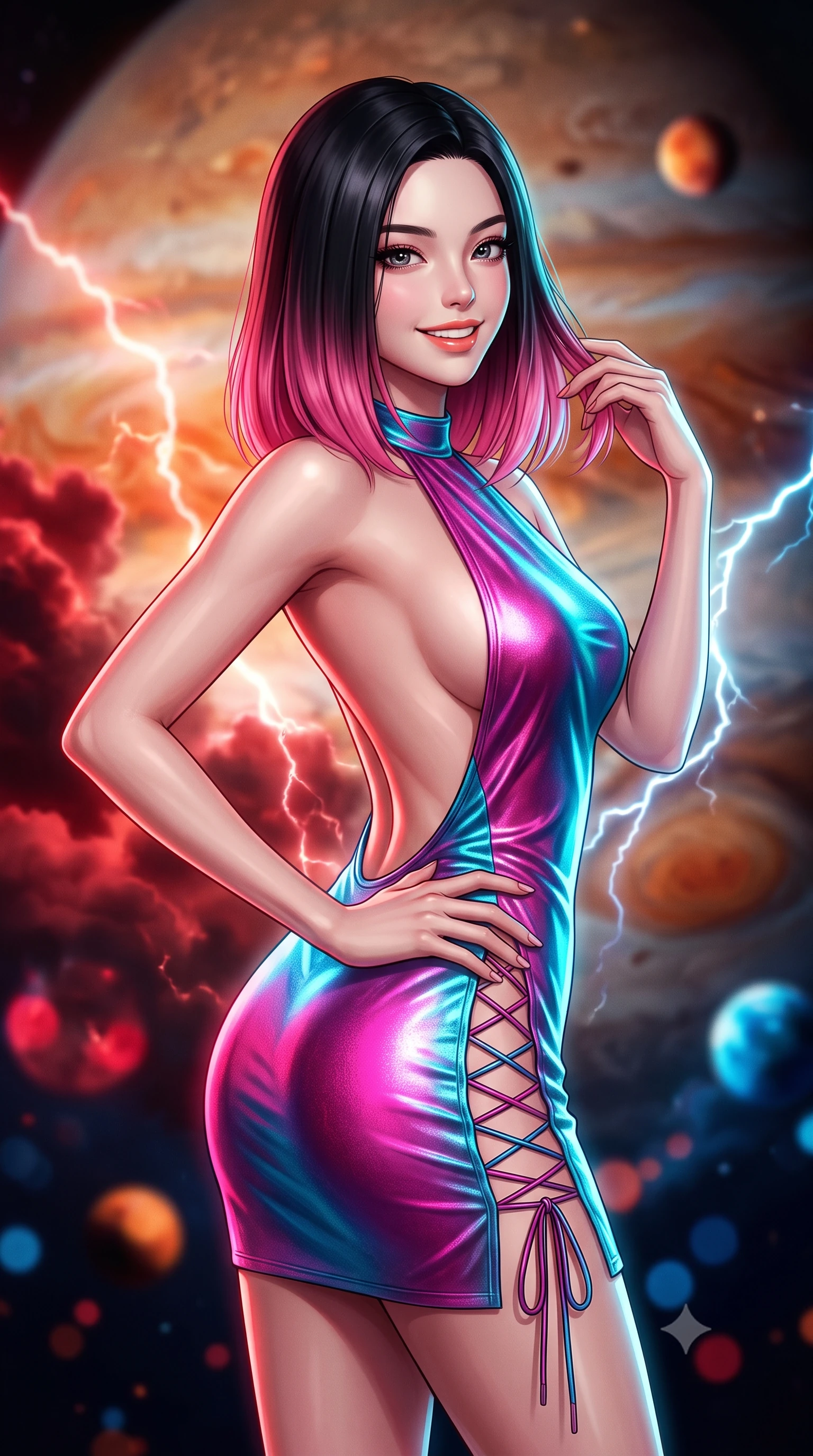 score_9, masterpiece, best quality, ultra-detailed, high-budget anime keyframe, semi-realistic 3D game render, editorial fashion photography, tasteful artistic composition, Korean woman. close-up cowboy shot from the waist and thighs up, the character dominates the composition, filling the frame with her large presence. twisting her slender torso in an alluring contrapposto stance, one hand resting on her sculpted hip while her fingers toy with her hair with effortless poise while twisting her slender torso in an alluring S-curve, crimson storm clouds and blue lightning pulses painting dynamic highlights across her flat midriff and hips. The background shows a soft-focus churning amber and terracotta cloud bands of Jupiter, crackling mega-lightning bolts, and distant orbital moons blurred into crimson, tangerine, and electric blue bokeh. She has an exceptionally elegant, slender, and willowy female figure with an ultra-slim waist, flat toned midriff, narrow ribcage, and sculpted feminine hips creating an alluring, slim hourglass silhouette without bulk. sharp v-shaped jawline, high-bridge nose, intricate jewel-like sparkling eyes with depth, thick eyelashes, glossy parted lips with a natural peach sheen, bright cheerful beaming smile with an enchanting and coquettish sensual glint, exuding both youthful cute charm and seductive allure, flawlessly proportioned anatomical accuracy, strict slender model proportions, natural body alignment, perfectly sculpted long slender limbs, ultra-slim waistline, clean dynamic posture without body distortion. wearing an alluring backless metallic lamé halterneck mini dress with deep scoop back down to her lower spine in Neo-Tokyo neon magenta and electric cyan, crafted from bespoke double-faced cashmere with an exceptionally soft tactile finish, featuring fine criss-cross lace-up side ties revealing tantalizing glimpses of her hip curve, the glove-like clinging cut tightly following the natural contour of her hips and long slender legs with youthful 8.5-heads elegance. illuminated by deck reflection bounce and sharp cyan-white lightning rim lights defining her jawline, narrow waist, and curvy hips. highly saturated vibrant anime colors, detailed shading with soft gradients, rich glossy textures, high-contrast stereoscopic depth, volumetric dynamic lighting, master piece, 9:16 ratio