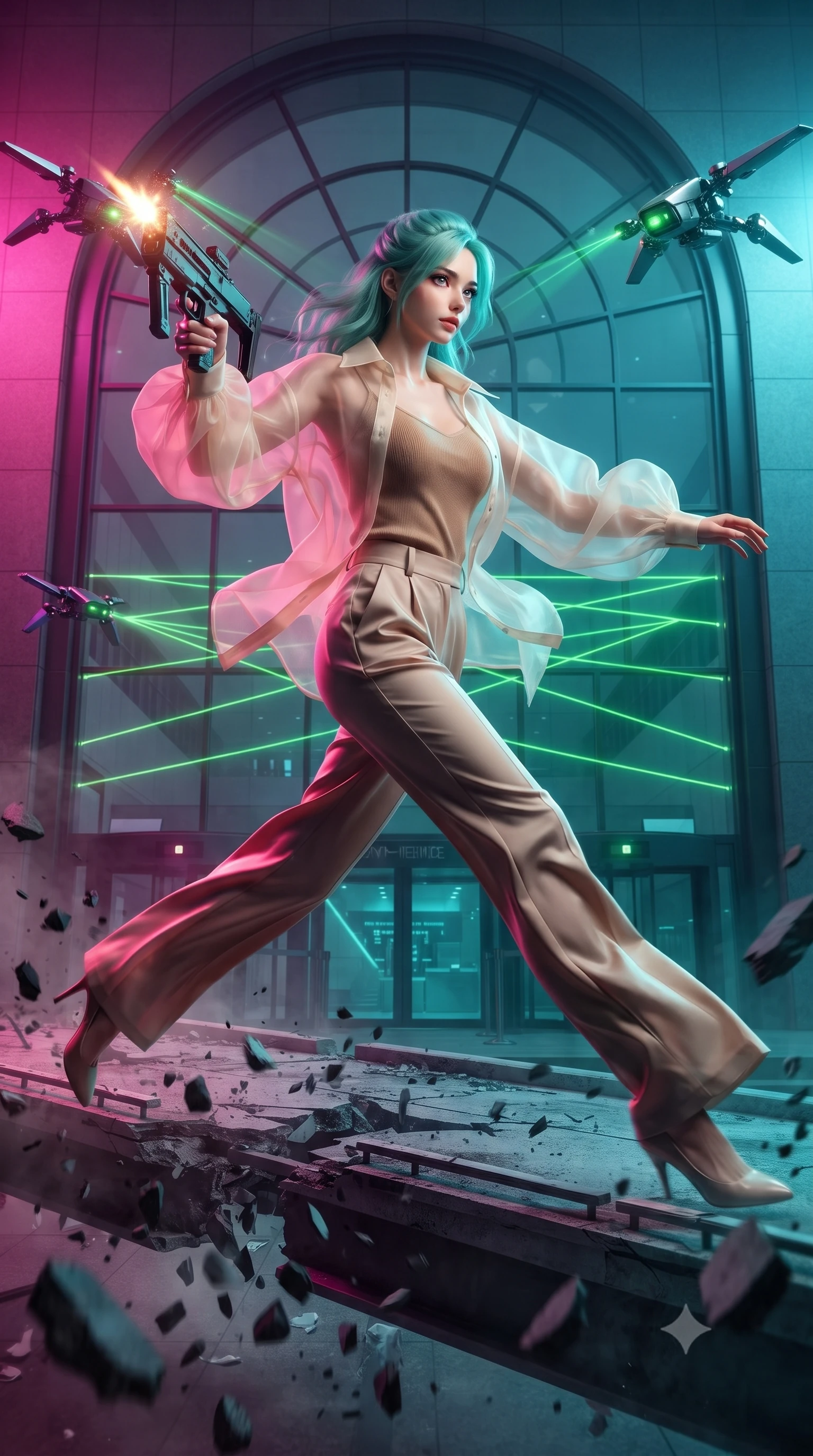 score_9, masterpiece, best quality, ultra-detailed, high-budget anime keyframe, editorial fashion photography, tasteful artistic composition, realistic cosplay photography, Japanese woman. low angle full-body shot from head to toe showing her feet, filling the entire 9:16 vertical frame with her statuesque presence, stretching her vertical silhouette. leaping dynamically off a collapsing sky-bridge while firing back at security drones through the entrance of a high-security complex, a large glass arch scanning visitors with shifting green laser sweeps. She has a statuesque 8.5-heads proportion, an exceptionally tall, slender and willowy model-like build with impossibly long legs and a highly sculpted ultra-slim waist. sharp v-shaped jawline, high-bridge nose, intricate jewel-like eyes with depth, thick eyelashes, glossy lips with a natural sheen. wearing the lightweight fabric rippling and billowing dramatically with her movement, a slim-fit semi-transparent cream organza oversized shirt layered naturally over a tan-colored camisole top, paired with tailored trousers. dual-tone lighting with hot magenta from the left and cool cyan from the right. ultra-reflective glossy finish, specular highlights, metallic sheen, high-contrast stereoscopic depth, volumetric dynamic lighting, 2k, ultra detail, master piece, 9:16 ratio