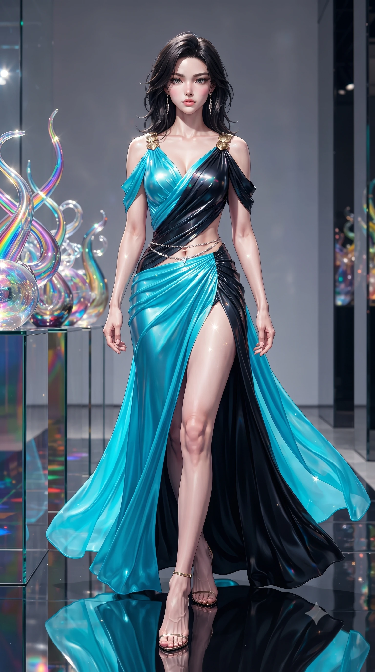 score_9, masterpiece, best quality, ultra-detailed, high-budget anime keyframe, editorial fashion photography, tasteful artistic composition, Korean woman. low angle full-body shot from head to toe showing her feet, filling the entire 9:16 vertical frame with her statuesque presence, stretching her vertical silhouette. striding forward in a proud supermodel runway stride, hips swaying in an alluring kinetic rhythm that accentuates her curvy hourglass silhouette while standing poised beside a display of iridescent rainbow glass sculptures, twisting her slender torso in an alluring contrapposto stance. The surrounding environment is rendered in vivid detail and crisp panoramic clarity. detailed metallic silk dress sheen, prism glass sparkle points on skin, and canal reflection clarity in high resolution. She has an exceptionally tall and slender model-like 8.5-heads proportion, an ultra-slim waist, a flat toned midriff, narrow delicate ribcage, and beautifully sculpted feminine hips creating a graceful, slim hourglass silhouette without any bulky heaviness, with impossibly long slender legs. sharp v-shaped jawline, high-bridge nose, intricate jewel-like eyes with depth, thick eyelashes, glossy parted lips with a natural sheen, intensely captivating and seductive bedroom-eyes expression, flawlessly proportioned anatomical accuracy, strict slender model proportions, natural body alignment, perfectly sculpted long slender limbs, ultra-slim waistline, clean dynamic posture without body distortion. wearing a high-slit Grecian goddess draped gown with asymmetrical gold shoulder clasps and hip gathering in neon electric cyan and lacquer black, woven from layered gossamer chiffon with a weightless sweeping drape, accented with a dainty diamond waist chain catching the ambient light reflections, the second-skin form-contouring cut accentuating her sculpted flat midriff, narrow delicate ribcage, and gracefully curvy hips with supermodel precision. illuminated by dazzling rainbow crystal caustics sculpting her razor-sharp jawline, narrow waist, and curvy hips. ultra-reflective glossy finish, specular highlights, rich textural contrasts, high-contrast stereoscopic depth, volumetric dynamic lighting, 2k, ultra detail, master piece, 9:16 ratio