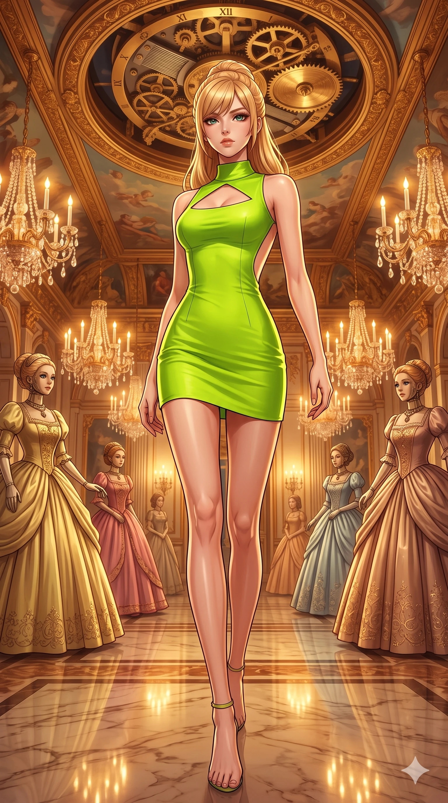 score_9, masterpiece, best quality, ultra-detailed, high-budget anime keyframe, editorial fashion photography, tasteful artistic composition, Caucasian woman, strictly human ears. low angle full-body shot from head to toe showing her feet, filling the entire 9:16 vertical frame with her statuesque presence, stretching her vertical silhouette. ascending with powerful grace through an ornate Victorian ballroom populated by elegant life-sized clockwork automatons in ball gowns with a massive gilded music box mechanism rotating slowly in the frescoed ceiling above. She has a statuesque 8.5-heads proportion, an exceptionally tall, slender and willowy model-like build with impossibly long legs and a highly sculpted ultra-slim waist. sharp v-shaped jawline, high-bridge nose, intricate jewel-like eyes with depth, thick eyelashes, glossy lips with a natural sheen. wearing a precision-fitted mini dress in electric lime, featuring a forward-facing architectural neck cutout and a wide-open back. warm golden light from hundreds of crystal candelabras reflecting off polished marble floors and gilded ceiling moldings creating a romantic amber atmosphere. 2k, ultra detail, master piece, 9:16 ratio