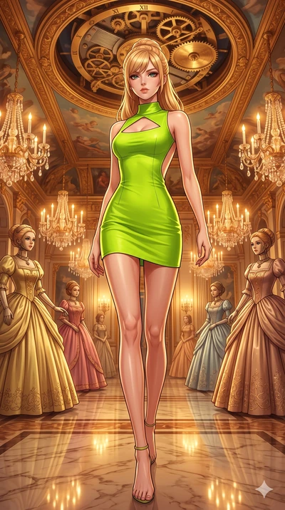 score_9, masterpiece, best quality, ultra-detailed, high-budget anime keyframe, editorial fashion photography, tasteful artistic composition, Caucasian woman, strictly human ears. low angle full-body shot from head to toe showing her feet, filling th