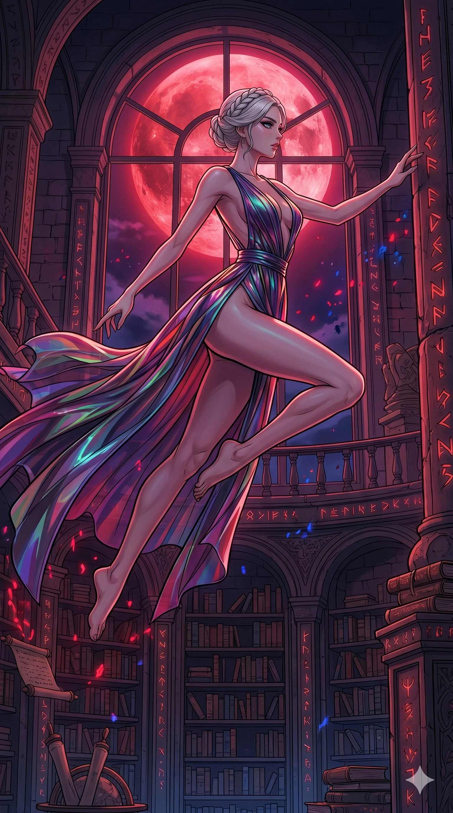 score_9, masterpiece, best quality, ultra-detailed, high-budget anime movie keyframe, cinematic anime lighting, intricate line art, Japanese woman. Upper body filling screen focusing on her alluring features and slim-fit silhouette. leaping gracefully in a ancient runic library under a blood moon. She has an absolutely perfect 8-heads proportion, an exceptionally tall and slender female figure with an ultra-slim waist and impossibly long slender legs. sharp v-shaped jawline, high-bridge nose, intricate jewel-like eyes, thick eyelashes, glossy lips. Wearing avant-garde high-fashion gown made of iridescent vinyl with a dangerously high side slit and a plunging neckline, revealing an ultra-slim waist and long slender legs. The scene is illuminated by dramatic atmospheric lighting and vibrant color palettes. , 2k, ultra detail, master piece, 9:16 ratio