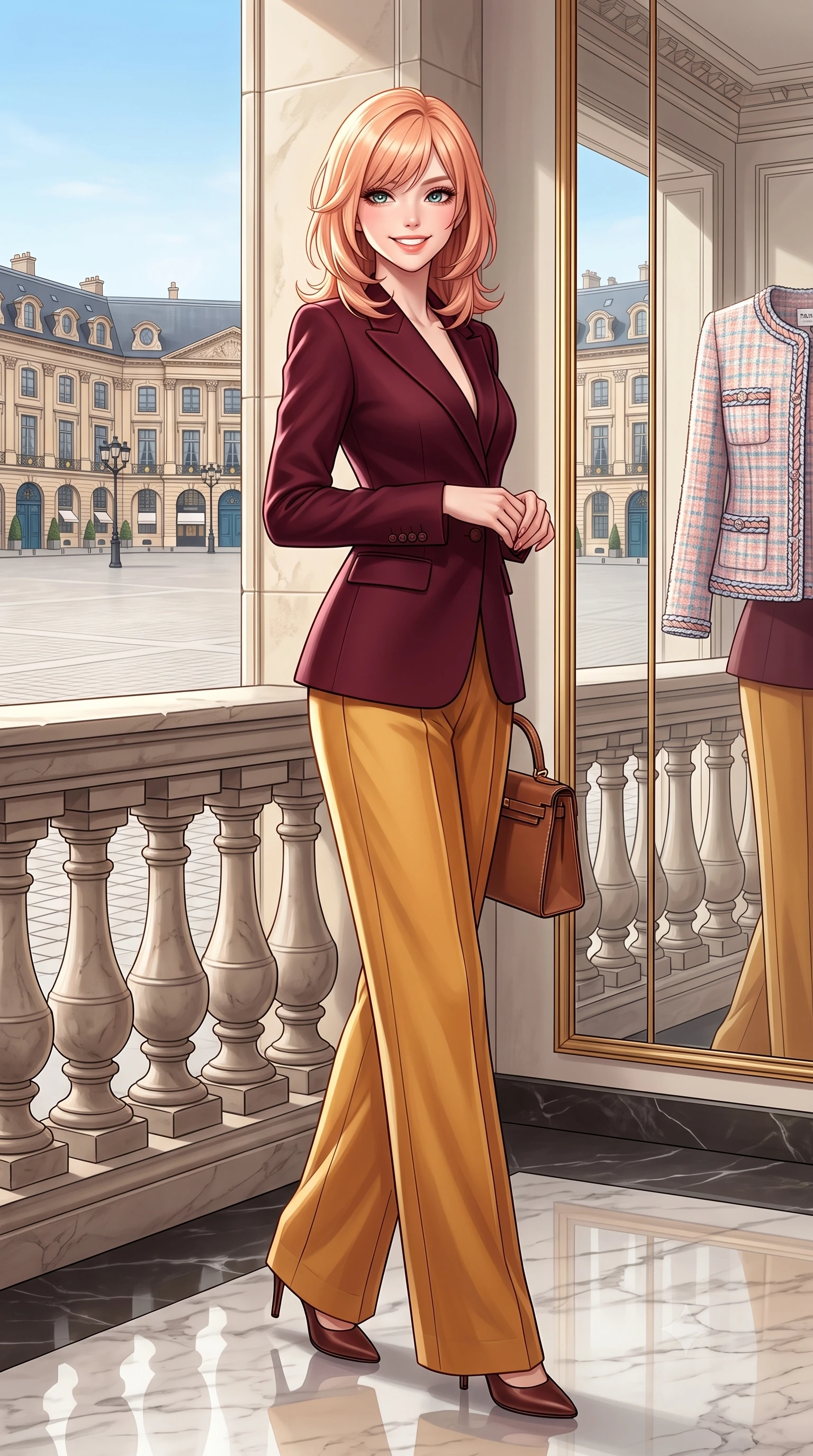 score_9, masterpiece, best quality, ultra-detailed, high-budget anime keyframe, semi-realistic 3D game render, editorial fashion photography, tasteful artistic composition, Japanese woman. low angle full-body shot from head to toe showing her feet, filling the entire 9:16 vertical frame with her statuesque presence, stretching her vertical silhouette. standing poised beside the classical stone balustrade with one foot slightly forward, hands folded loosely before her with regal grace while walking past monumental mirrors reflecting the historic octagonal Place Vendôme square, turning with magnetic high-fashion poise. The surrounding environment is rendered in vivid detail and crisp panoramic clarity: detailed Chanel-inspired pastel tweed jacket weave, braided trim borders, and premier Parisian interior architecture in razor-sharp precision. She has an exceptionally tall and slender model-like 8.5-heads proportion, an ultra-slim waist, a flat toned midriff, narrow delicate ribcage, and beautifully sculpted feminine hips creating a graceful, slim hourglass silhouette without any bulky heaviness, with impossibly long slender legs. sharp v-shaped jawline, high-bridge nose, intricate jewel-like sparkling eyes with depth, thick eyelashes, glossy parted lips with a natural peach sheen, bright cheerful beaming smile with an enchanting and coquettish sensual glint, exuding both youthful cute charm and seductive allure, flawlessly proportioned anatomical accuracy, strict slender model proportions, natural body alignment, perfectly sculpted long slender limbs, ultra-slim waistline, clean dynamic posture without body distortion. wearing a chic tailored smoking jacket blazer paired with fluid pleated palazzo trousers and a silk blouse base in rich Oxford burgundy and golden amber, tailored from fine wool gabardine with crisp permanent pleats and sharp drape, finished with a structured leather top-handle mini bag resting gracefully at her side, the precision-cut high-waisted tailoring accentuating her ultra-slim waist and long slender leg line with immaculate aristocratic poise. illuminated by polished marble floor bounce and pristine champagne rim lights defining her razor-sharp jawline and elegant tailored silhouette. highly saturated vibrant anime colors, detailed shading with soft gradients, rich glossy textures, high-contrast stereoscopic depth, volumetric dynamic lighting, master piece, 9:16 ratio