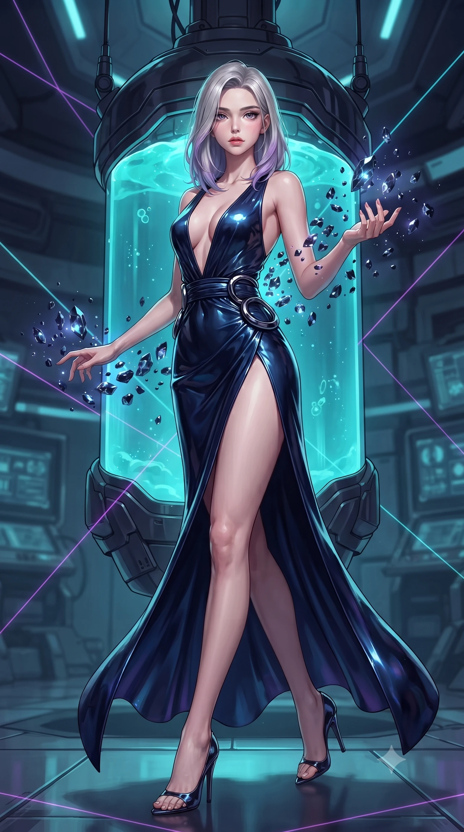score_9, masterpiece, best quality, ultra-detailed, high-budget anime keyframe, editorial fashion photography, tasteful artistic composition, Caucasian woman. low angle full-body shot from head to toe showing her feet, filling the entire 9:16 vertical frame with her statuesque presence, stretching her vertical silhouette. interacting with floating dark crystal particles, her long slender legs poised in motion, standing before a suspended dark glass stasis pod filled with glowing cyan fluid, laser grid lines casting sharp dark violet and cyan geometric patterns. She has an absolutely perfect, statuesque 8.5-heads proportion, an exceptionally tall and slender model-like female figure with impossibly long slender legs and an ultra-slim waist. sharp v-shaped jawline, high-bridge nose, intricate jewel-like eyes with depth, thick eyelashes, glossy lips with a natural sheen. wearing deep plunging V-neckline midnight gown with daring high thigh slit in midnight navy blue, made of high-gloss liquid vinyl, accented with sculpted obsidian chrome rings at the waist, sculpting her athletic slender build with refined precision. illuminated by sharp cyan stasis light and dark violet laser rim lighting. ultra-reflective glossy finish, specular highlights, metallic sheen, high-contrast stereoscopic depth, volumetric dynamic lighting, 2k, ultra detail, master piece, 9:16 ratio