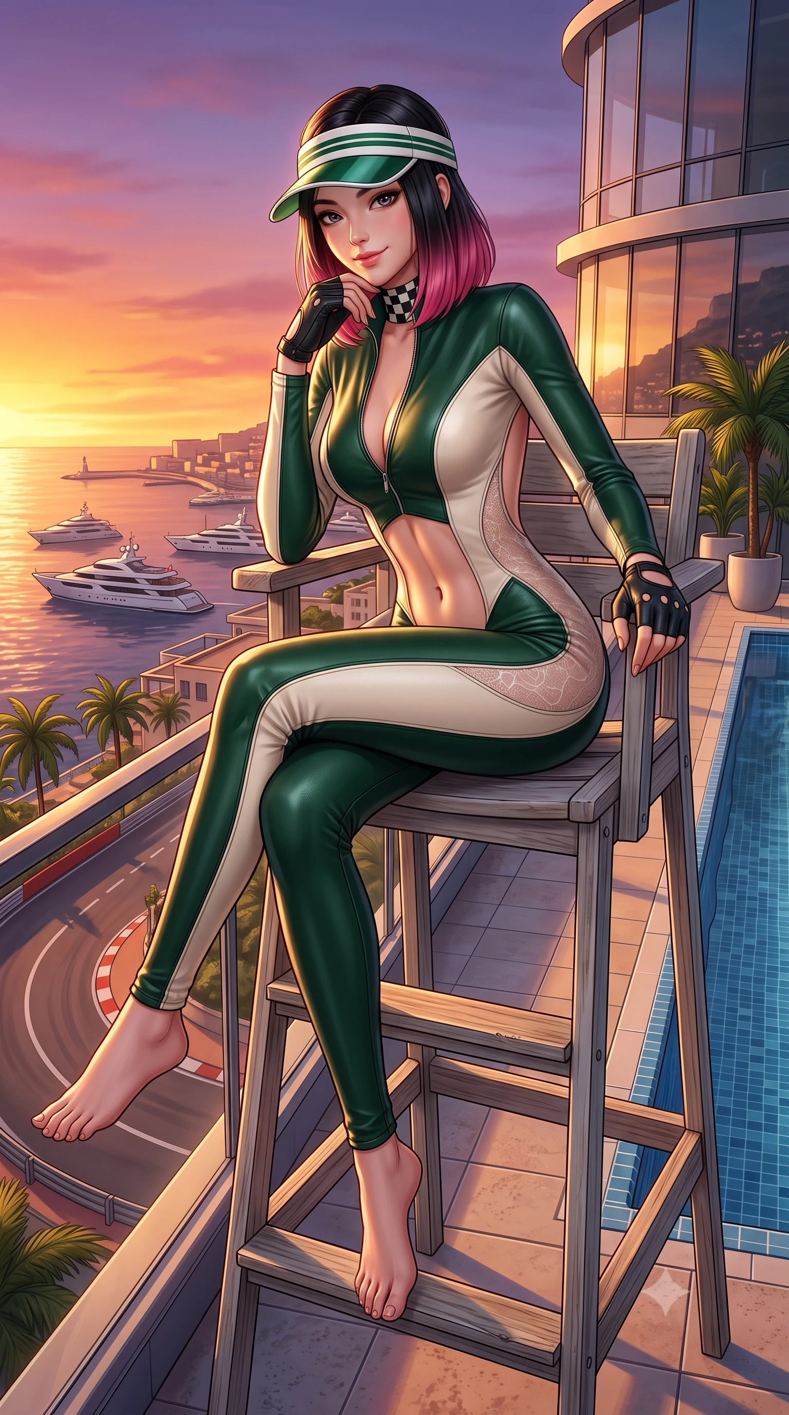 score_9, masterpiece, best quality, ultra-detailed, high-budget anime keyframe, semi-realistic 3D game render, editorial fashion photography, tasteful artistic composition, Korean woman. low angle full-body shot from head to toe showing her feet, filling the entire 9:16 vertical frame with her statuesque presence, stretching her vertical silhouette. sitting perched on the elevated umpire chair with legs crossed and hips angled toward the camera, displaying her toned midriff and long slender limbs with joyful, coquettish charm while standing poised on the rooftop pool terrace directly overlooking the famous tight hairpin curve, arching her back with breathtaking glamour. The surrounding environment is rendered in vivid detail and crisp panoramic clarity: detailed athletic suit fabric weave, sunset highlights on skin, and luxury hotel rooftop architecture in razor-sharp precision. She has an absolutely perfect, statuesque 8.5-heads proportion, an exceptionally tall and slender model-like female figure with impossibly long slender legs, an ultra-slim waist, a flat toned midriff, narrow delicate ribcage, and beautifully sculpted feminine hips creating a graceful, slim hourglass silhouette without any bulky heaviness. sharp v-shaped jawline, high-bridge nose, sparkling eyes with athletic focus and depth, thick curled eyelashes, glossy parted lips with a natural coral-peach sheen, bright confident and coquettish smile with alluring bedroom-eyes, exuding both youthful sporty vigor and sovereign high-society glamour, flawlessly proportioned anatomical accuracy, strict slender model proportions, natural body alignment, perfectly sculpted long slender limbs, ultra-slim waistline, clean dynamic posture without body distortion. wearing an ultra-tight form-contouring racing leather catsuit in two-tone white and British racing green with a deep-plunging zip neck in dual-tone high-contrast racing monochrome, crafted from sheer delicate stretch lace reinforced with technical sport threads, accented with a sporty retro tennis visor and fingerless leather driving gloves, the precision-cut side openings and low-back scoop framing her graceful spine and the sensual sweep of her slim, athletic hips. bathed in molten golden hour sunset light reflecting off the Mediterranean Sea and hotel glass. highly saturated vibrant anime colors, detailed shading with soft gradients, rich glossy textures, high-contrast stereoscopic depth, volumetric dynamic lighting, master piece, 9:16 ratio