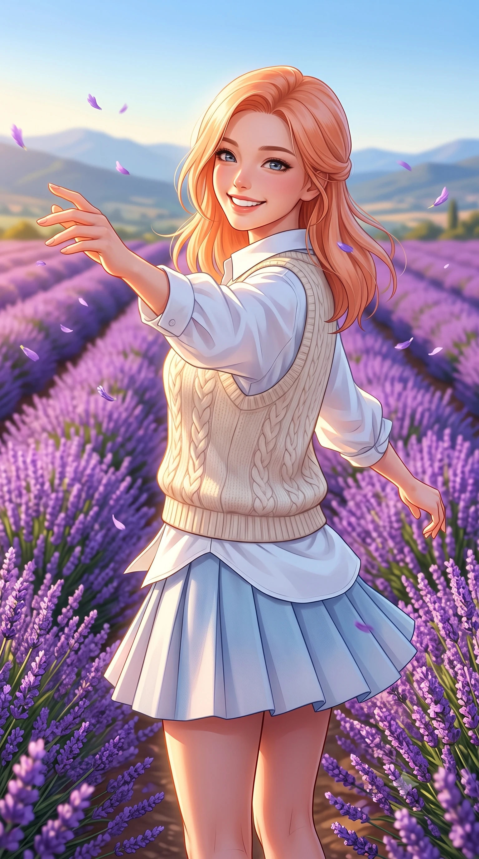 score_9, masterpiece, best quality, ultra-detailed, high-budget anime keyframe, semi-realistic 3D game render, editorial fashion photography, tasteful artistic composition, Japanese woman. close-up cowboy shot from the waist and thighs up, the character dominates the composition, filling the frame with her large presence. extending one arm gracefully toward the scenery while turning back with an infectious, heartwarming smile while twirling cheerfully between vibrant purple lavender ridges as delicate violet petals flutter in the air. The surrounding environment is rendered in vivid detail and crisp panoramic clarity. rich color saturation of violet flora and golden Mediterranean sunlight captured with sharpness. She has an exceptionally elegant, slender, and willowy female figure with an ultra-slim waist, a gracefully sculpted slender torso, toned flat midriff, and a refined slim silhouette. sharp v-shaped jawline, high-bridge nose, intricate jewel-like eyes with depth, thick eyelashes, glossy lips with a natural sheen, pure and lovely fresh girlhood expression, flawlessly proportioned anatomical accuracy, strict slender model proportions, natural body alignment, perfectly sculpted long slender limbs, ultra-slim waistline, clean dynamic posture without body distortion. wearing a cozy cable-knit sweater vest layered over an oversized crisp white shirt and a pleated tennis skirt in gentle baby blue and cloud white, tailored from soft pastel lightweight wool blend with subtle texture, featuring elegant flutter sleeves and a graceful open collar, the tailored casual silhouette highlighting her fresh and youthful presence and perfectly proportioned slender frame. surrounded by a romantic, sweet, and wonderfully heartwarming cottagecore girlhood aura. highly saturated vibrant anime colors, detailed shading with soft gradients, rich glossy textures, high-contrast stereoscopic depth, volumetric dynamic lighting, master piece, 9:16 ratio