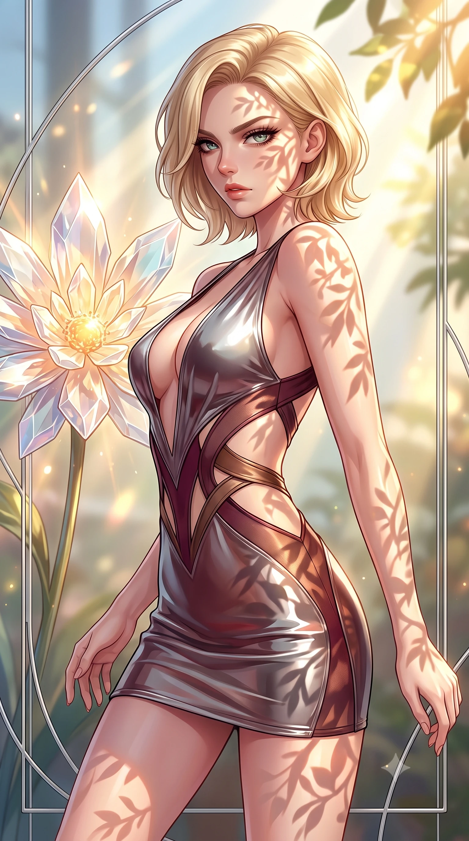 score_9, masterpiece, best quality, ultra-detailed, high-budget anime keyframe, editorial fashion photography, tasteful artistic composition, Caucasian woman. close-up cowboy shot from the waist and thighs up, the character dominates the composition, filling the frame with her large presence, background elements kept in soft focus. Pivoting sharply while looking back over her shoulder with heavy lashes and a confident, intense gaze while pivoting dynamically near a solar-powered crystal blossom emitting warm ambient sunbursts, sleek platinum wire lattices creating clean architectural line frames. She has an exceptionally elegant, slender, and willowy female figure with an ultra-slim waist, a gracefully sculpted slender torso, and a refined silhouette. sharp v-shaped jawline, high-bridge nose, intricate jewel-like eyes with depth, thick eyelashes, glossy lips with a natural sheen, flawlessly proportioned anatomical accuracy, natural body alignment, perfectly sculpted elegant limbs, clean dynamic posture without body distortion. wearing a liquid mercury gloss mini dress with ultra-deep V-neck and waist cutouts in deep burgundy and bronze, woven from fine semi-opaque sheer organza, featuring clean architectural cutouts along her slender torso, the glove-like fit emphasizing her statuesque silhouette during motion. illuminated by brilliant sunbeams casting organic leaf stencil shadows. highly saturated vibrant anime colors, detailed shading with soft gradients, rich glossy textures, high-contrast stereoscopic depth, volumetric dynamic lighting, master piece, 9:16 ratio