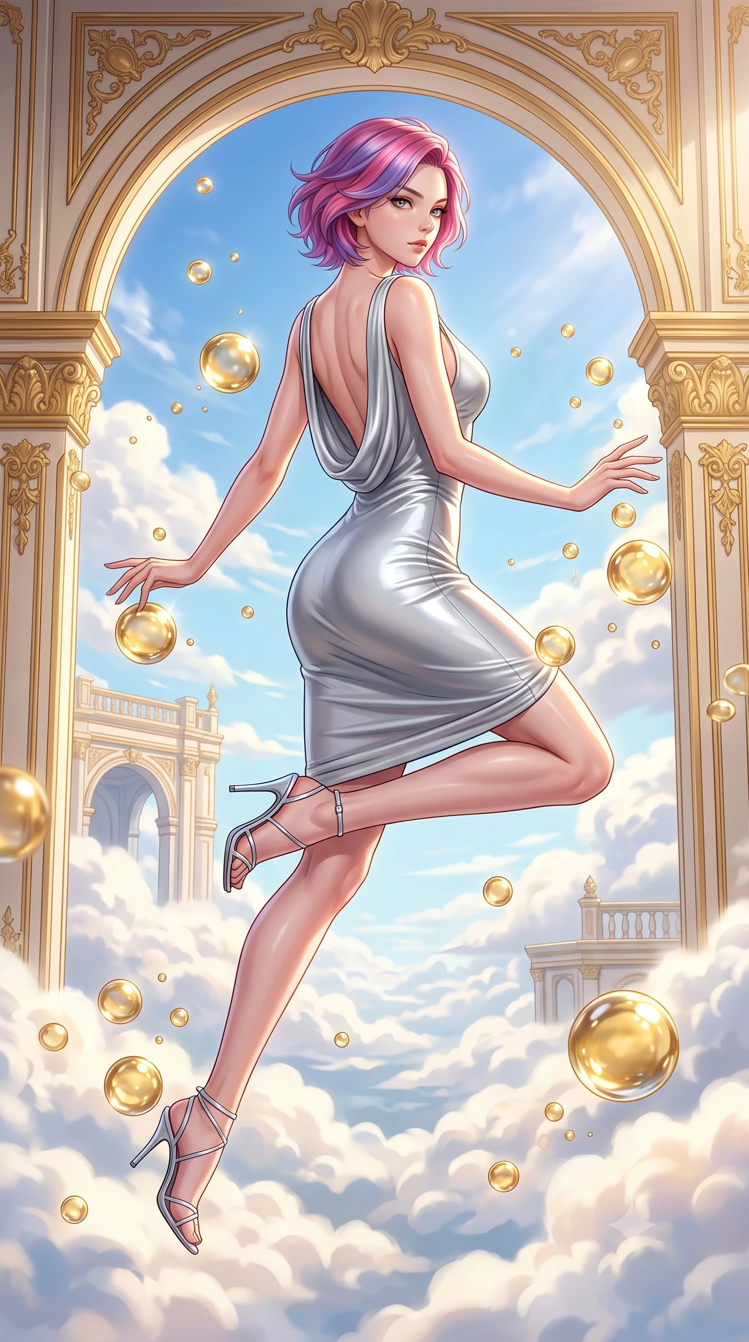 score_9, masterpiece, best quality, ultra-detailed, high-budget anime keyframe, editorial fashion photography, tasteful artistic composition, Caucasian woman. low angle full-body shot from head to toe showing her feet, filling the entire 9:16 vertical frame with her statuesque presence, stretching her vertical silhouette. leaping gracefully through the environment with statuesque elegance and long slender legs interacting with floating golden water Orbs in a cloudtop palace court, opulent gold-leaf trim and carved ivory archways framed beautifully. She has an absolutely perfect, statuesque 8.5-heads proportion, an exceptionally tall and slender model-like female figure with impossibly long slender legs and an ultra-slim waist. sharp v-shaped jawline, high-bridge nose, intricate jewel-like eyes with depth, thick eyelashes, glossy lips with a natural sheen. wearing a precision-fitted liquid silver jersey bodycon dress with a graceful draped back, the elegant draped fit framing her graceful clavicle and slender torso. surrounded by a bright, luxurious aura of warm sunshine and sky reflections. highly saturated vibrant anime colors, detailed shading with soft gradients, rich glossy textures, high-contrast stereoscopic depth, volumetric dynamic lighting, master piece, 9:16 ratio