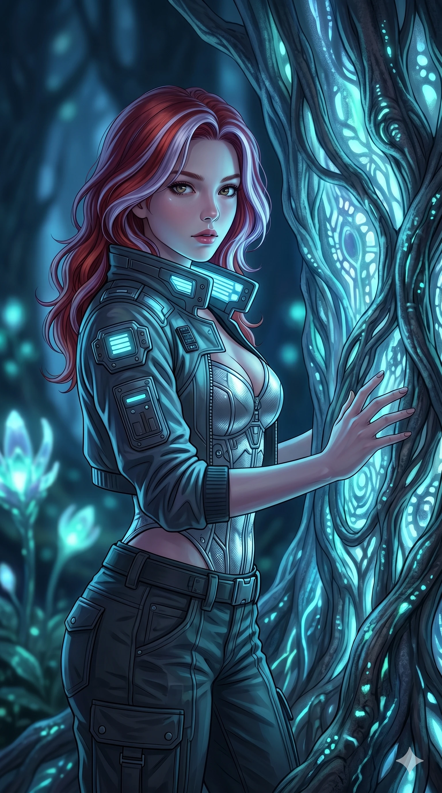 score_9, masterpiece, best quality, ultra-detailed, high-budget anime keyframe, Caucasian woman, strictly human ears. Upper body close-up from the thighs up, character filling the screen for maximum presence. Standing next to a giant glowing bio-luminescent tree trunk, touching the trunk, looking at the camera with an intense, curious gaze. She is wearing a cropped cyber-jacket over a silver bodice and dark utility pants. The scene is bathed in the soft blue bioluminescent light of the tree trunk. 2k, ultra detail, master piece, 9:16 ratio