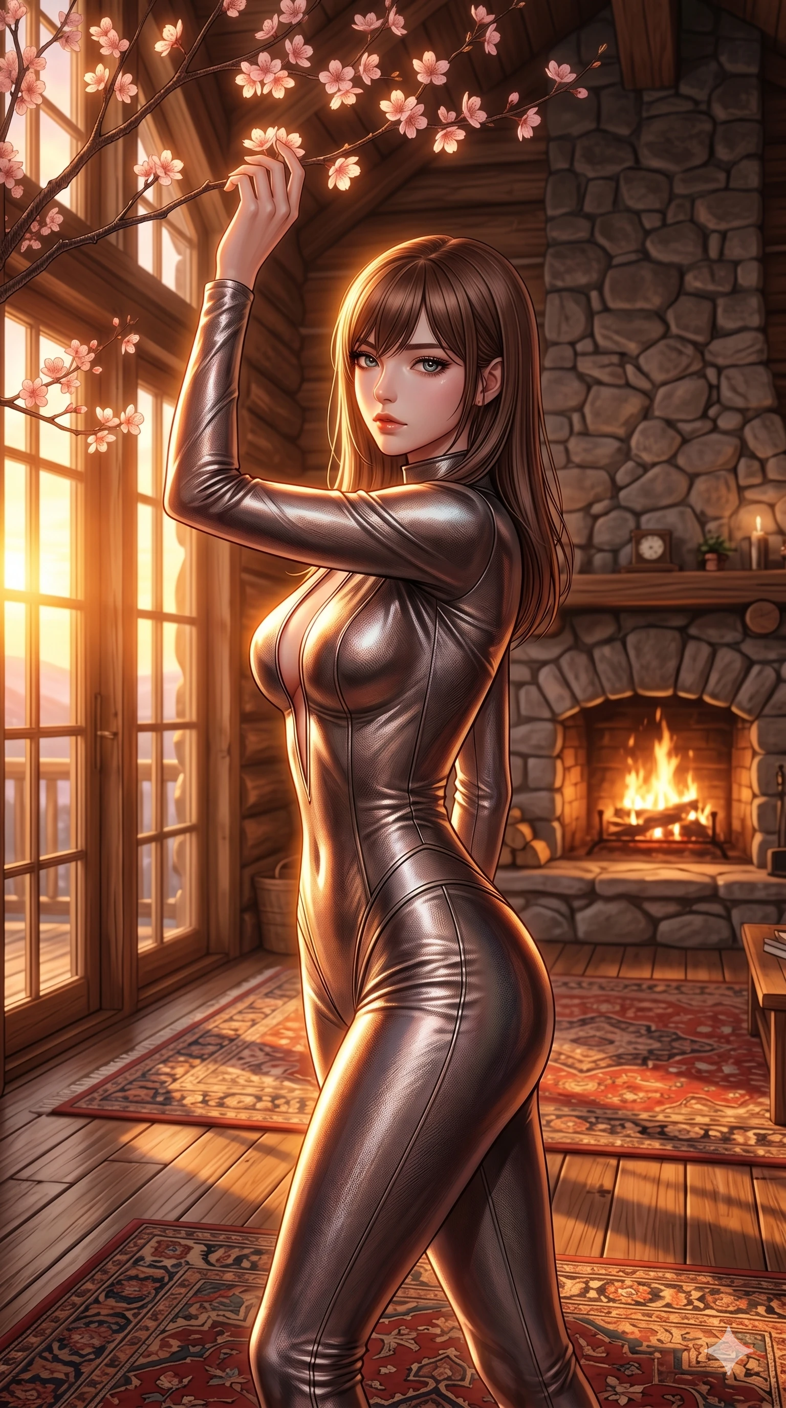score_9, masterpiece, best quality, ultra-detailed, high-budget anime keyframe, editorial fashion photography, tasteful artistic composition, Korean woman. cowboy shot from the thighs up, character and outfit filling the frame for maximum editorial presence. reaching up to touch a cherry blossom, looking over her shoulder with a quiet, intense gaze inside a cozy mountain lodge cabin with a stone fireplace and rugs (Code-P18-107). She has an absolutely perfect 8-heads proportion, an exceptionally tall and slender female figure with impossibly long slender legs and an ultra-slim waist. V-shaped jawline, high-bridge nose, intricate jewel-like eyes with depth, thick eyelashes, glossy lips with a natural sheen. wearing a metallic sleek form-fitting suit with a tasteful chest slit and sculpted waistline. warm sunset light pouring through the windows, casting a warm glowing aura on her. 2k, ultra detail, master piece, 9:16 ratio