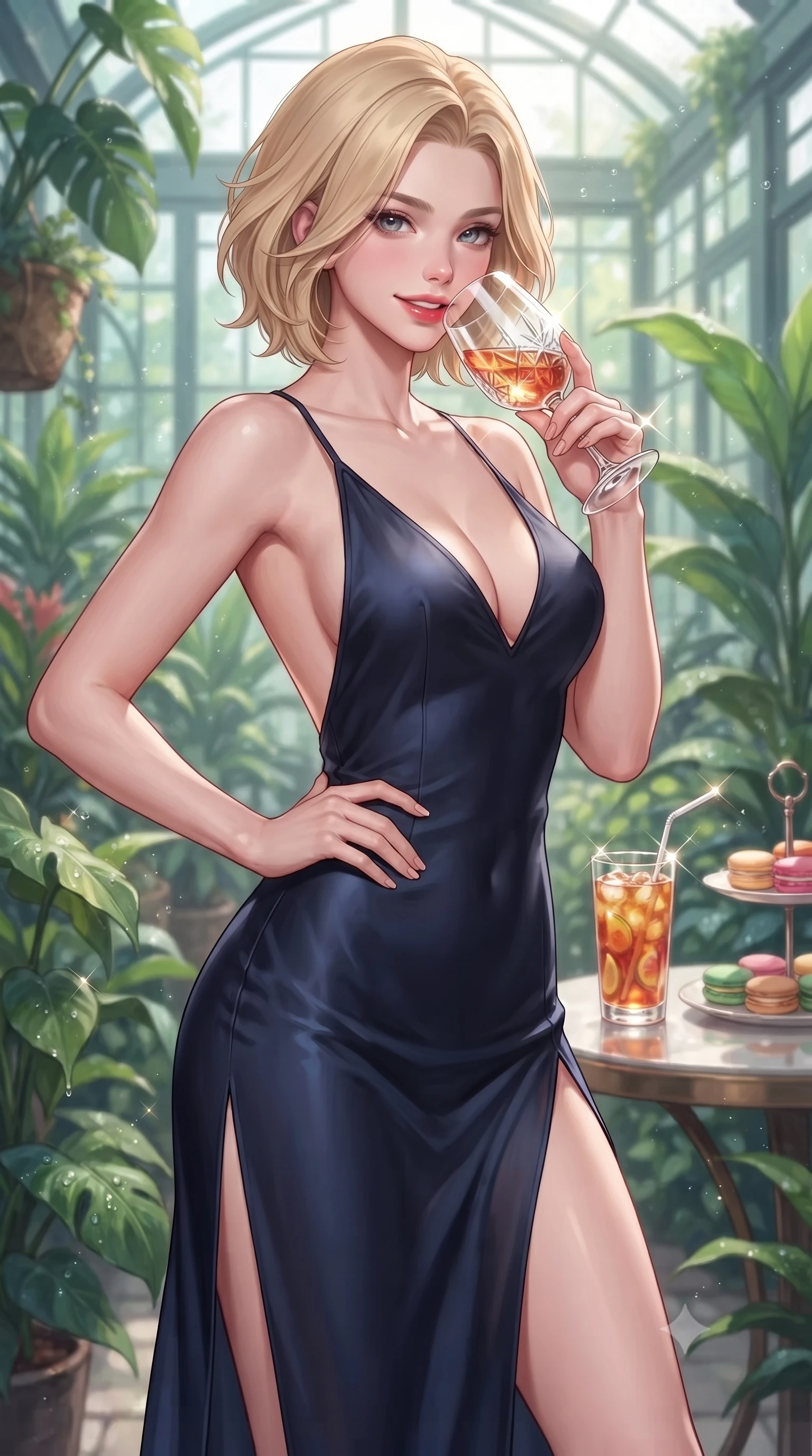 score_9, masterpiece, best quality, ultra-detailed, high-budget anime keyframe, editorial fashion photography, tasteful artistic composition, Caucasian woman. close-up cowboy shot from the waist and thighs up, the character dominates the composition, filling the frame with her large presence, background elements kept in soft focus. resting one hand on her ultra-slim waist while holding a crystal wine glass near her lips with an alluring smile set against a soft-focus background of inside an exclusive botanical greenhouse with a glass of iced fruit tea and delicate macaron pastries arranged on the table. She has an exceptionally elegant, slender, and willowy female figure with an ultra-slim waist, a gracefully sculpted slender torso, and a refined silhouette. sharp v-shaped jawline, high-bridge nose, intricate jewel-like eyes with depth, thick eyelashes, glossy lips with a natural sheen. wearing tailored midnight navy semi-opaque chiffon open-back silk slip dress featuring a deep V-neckline and a leg-lengthening side slit featuring refined tailored seams. lit by crisp morning sun rays creating sparkling glints on polished glass and water. highly saturated vibrant anime colors, detailed shading with soft gradients, rich glossy textures, high-contrast stereoscopic depth, volumetric dynamic lighting, master piece, 9:16 ratio