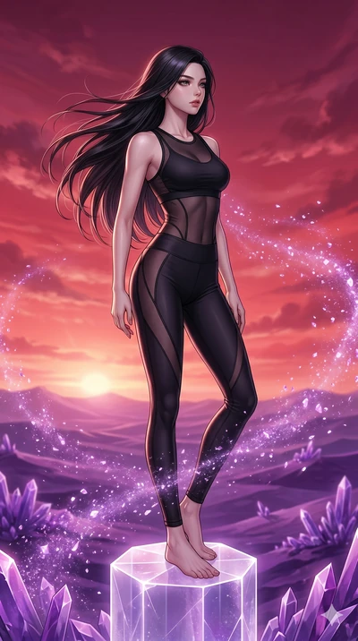 score_9, masterpiece, best quality, ultra-detailed, high-budget anime keyframe, Korean woman. upper body close-up from the thighs up, character filling the screen for maximum presence. standing atop a transparent salt crystal tower in a purple crysta