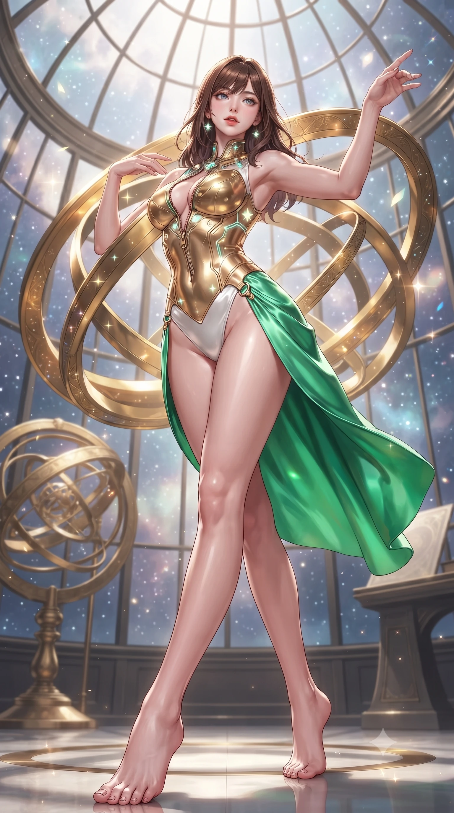 score_9, masterpiece, best quality, ultra-detailed, high-budget anime keyframe, editorial fashion photography, tasteful artistic composition, Korean woman. low angle full-body shot from head to toe showing her feet, filling the entire 9:16 vertical frame with her statuesque presence, stretching her vertical silhouette. pivoting dynamically in mid-motion with a breathtakingly alluring posture, displaying her flawless model proportions and ultra-slim waist while standing gracefully in the center of a grand glass observatory as giant interlocking golden astrolabe rings rotate around her. The composition keeps background elements in soft focus with creamy bokeh. sparkling holographic stardust scattering soft glowing light across a celestial backdrop. She has an absolutely perfect, statuesque 8.5-heads proportion, an exceptionally tall and slender model-like female figure with impossibly long slender legs, a toned flat midriff, and an ultra-slim waist. sharp v-shaped jawline, high-bridge nose, intricate jewel-like eyes with depth, thick eyelashes, glossy lips with a natural sheen, flawlessly proportioned anatomical accuracy, strict slender model proportions, natural body alignment, perfectly sculpted long slender limbs, ultra-slim waistline, clean dynamic posture without body distortion. wearing a sculpted golden breastplate bodice paired with high-cut white satin briefs and a fluid draped side skirt in bright emerald green satin and gold hardware, crafted from ultra-reflective second-skin latex with a high-gloss glass-like polish, featuring a dangerously unzipped neckline framed by glowing cybernetic accents, the sleek second-skin cut tightly hugging her graceful clavicle, narrow waist, and feminine curves with athletic precision. illuminated by glowing holographic star glyphs and crisp specular highlights on polished metal. ultra-reflective glossy finish, specular highlights, metallic sheen, high-contrast stereoscopic depth, volumetric dynamic lighting, 2k, ultra detail, master piece, 9:16 ratio